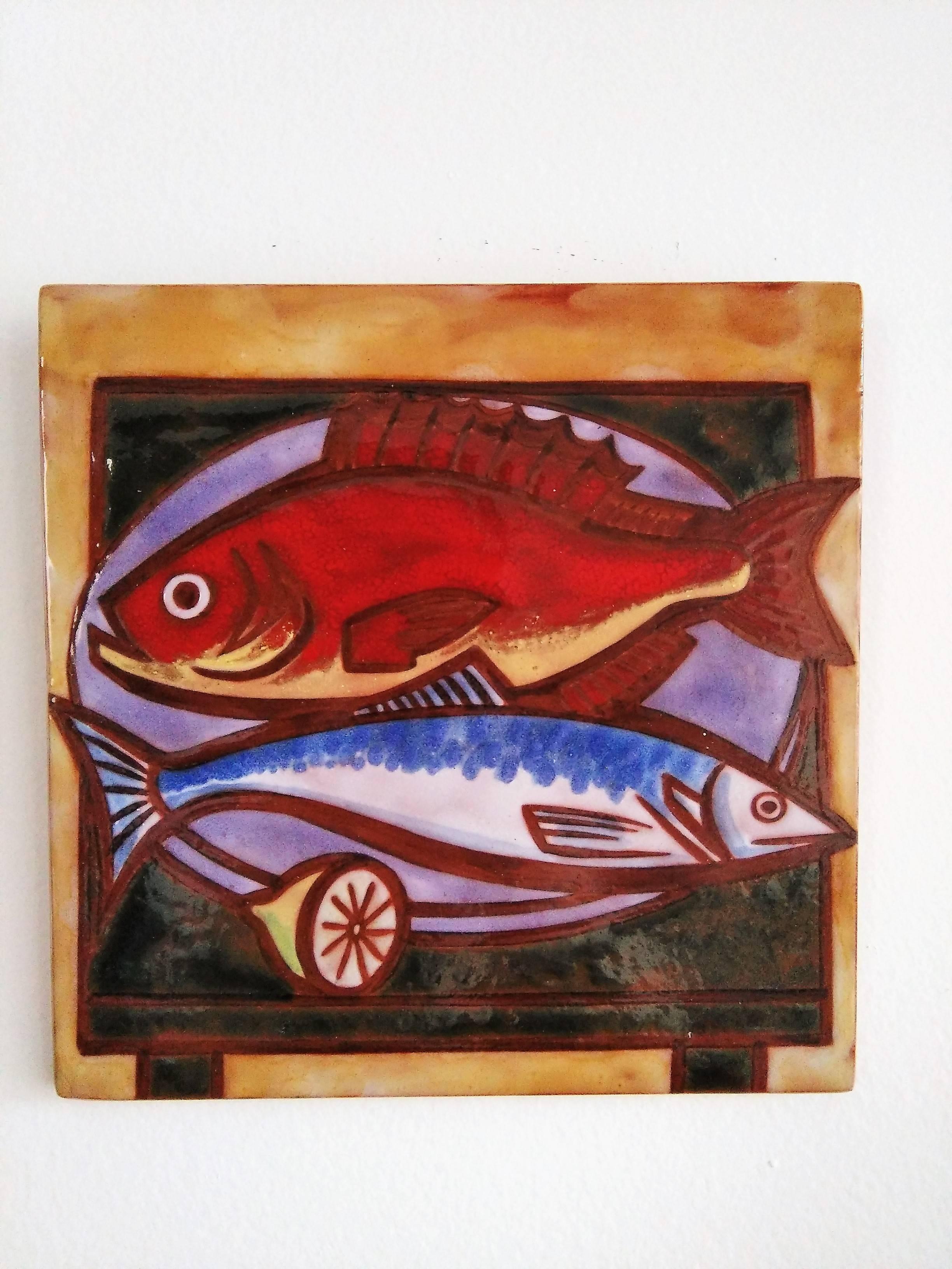 French Signed Fishes Nature Morte Ceramic Wall Decorative Tile, France, 1960s