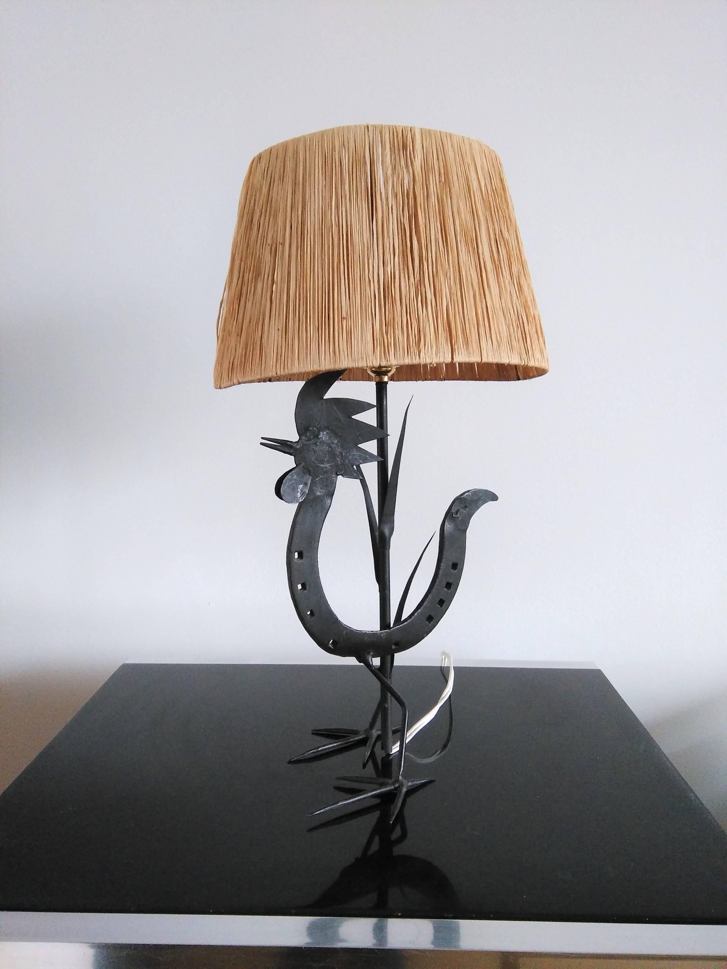French Whimsical Wrought Iron Rooster Shaped Table Lamp, France, 1950s