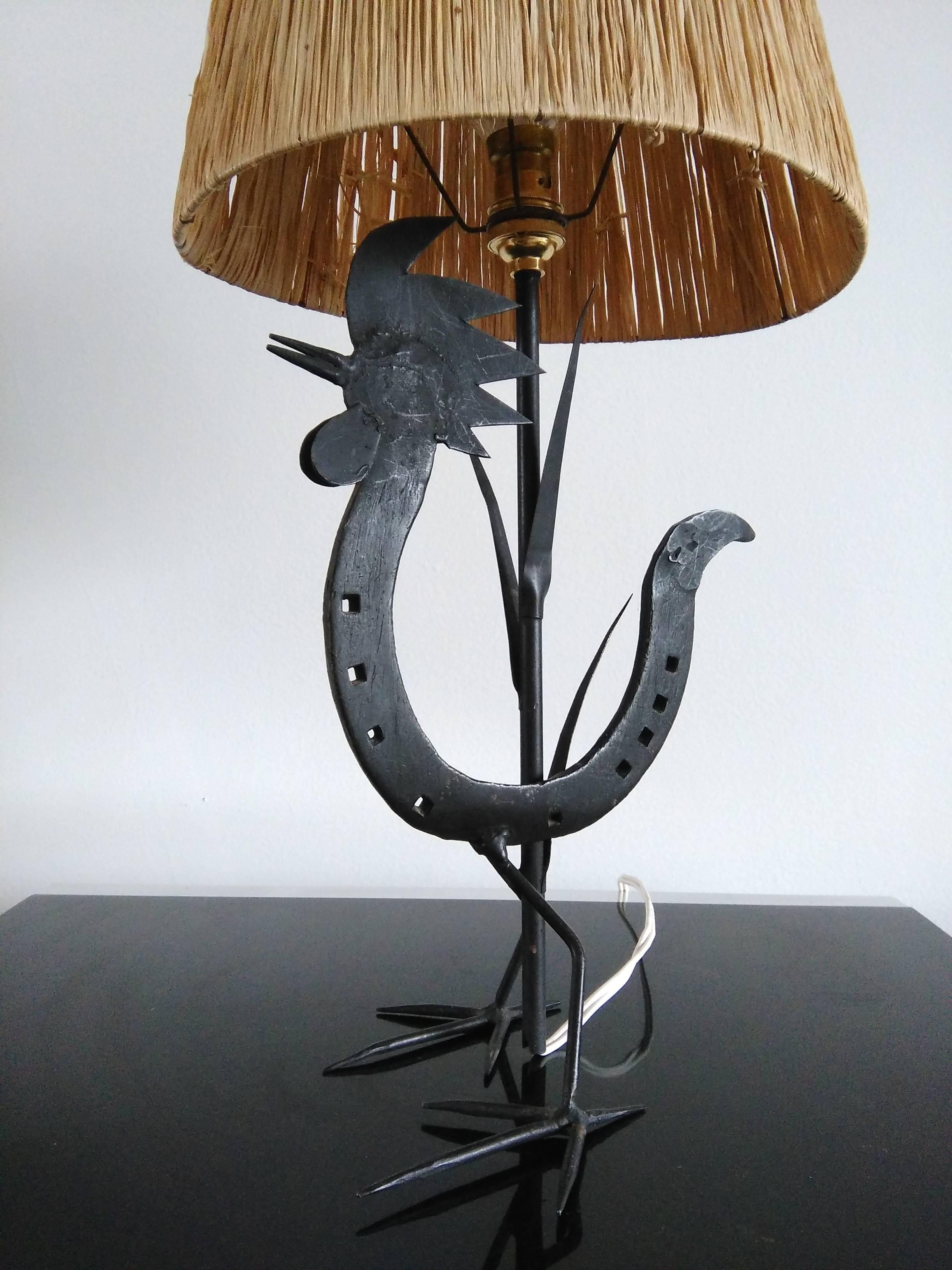 Whimsical Wrought Iron Rooster Shaped Table Lamp, France, 1950s In Good Condition In New York, NY
