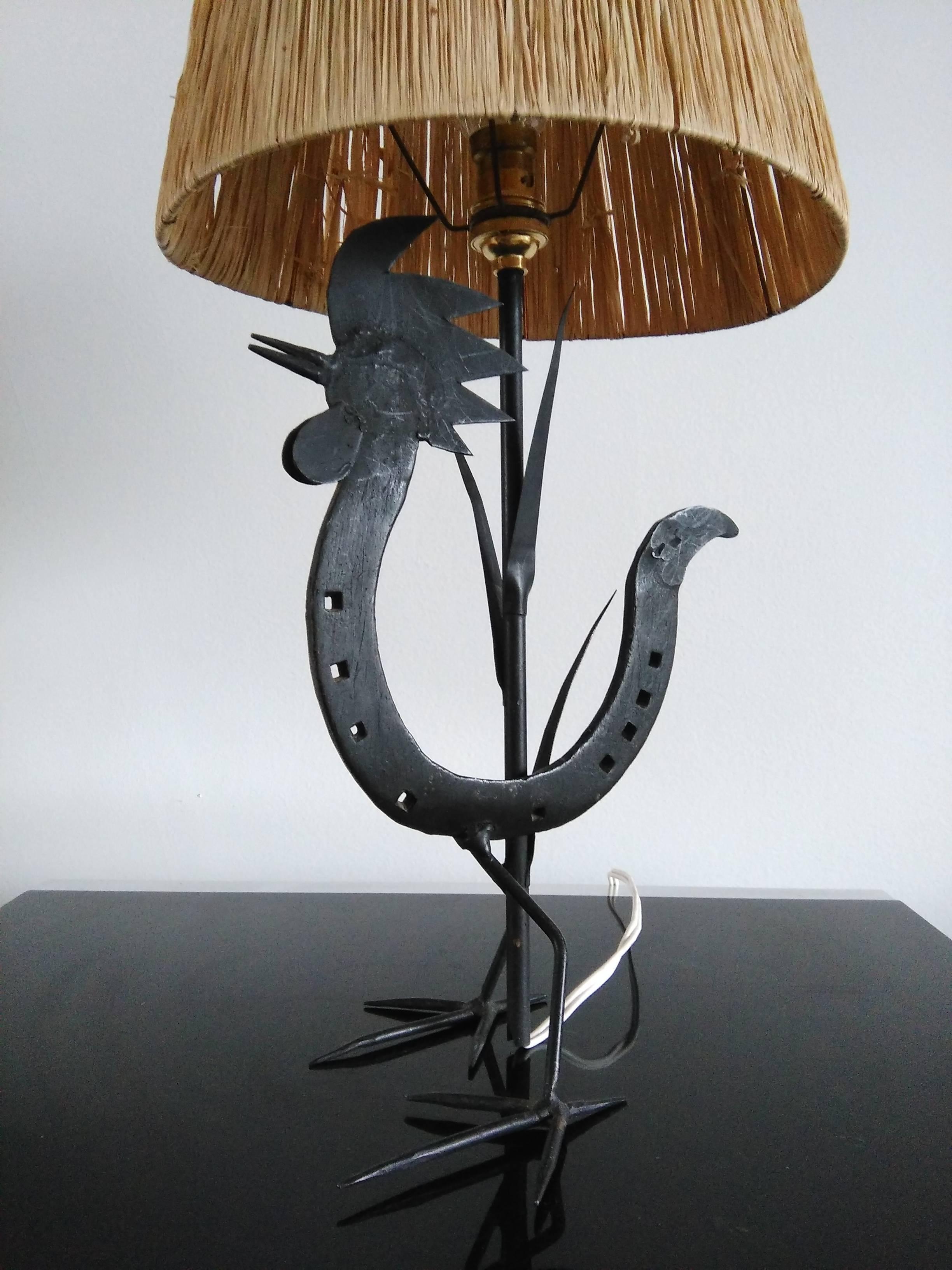 Mid-20th Century Whimsical Wrought Iron Rooster Shaped Table Lamp, France, 1950s
