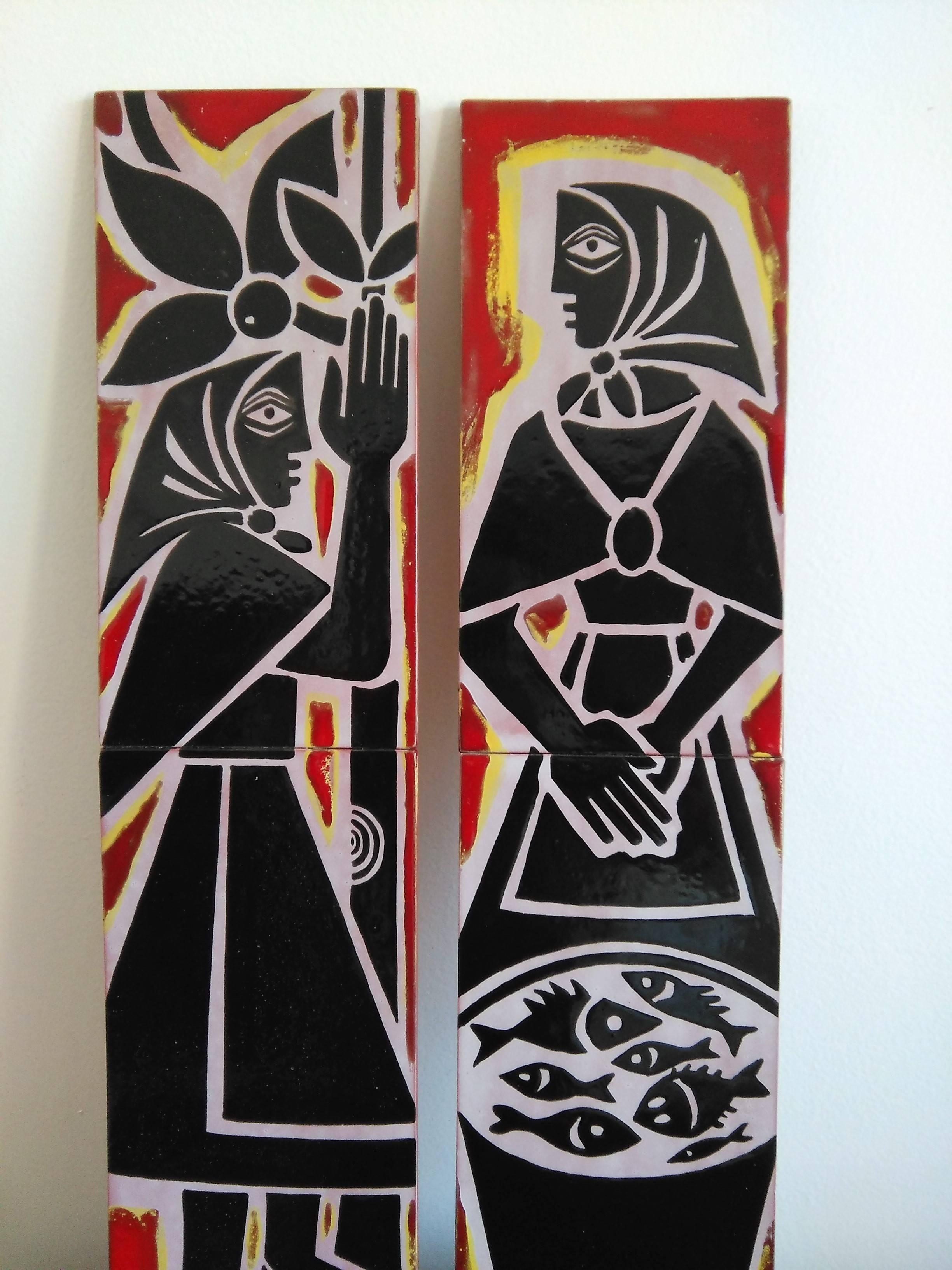 Hand-Painted Pair of Decorative Ceramic Panels in the Style of Capron, France, 1960s