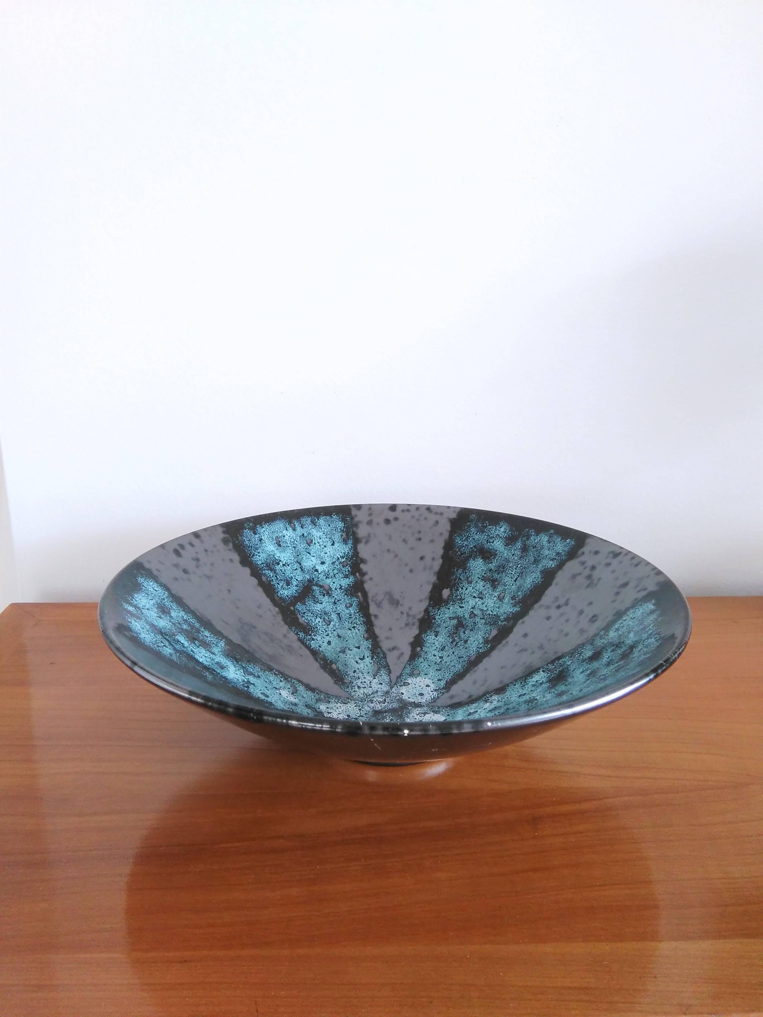 Mid-Century Modern Rare Blue and Flat Black Ceramic Dish by Elchinger, France, 1960s