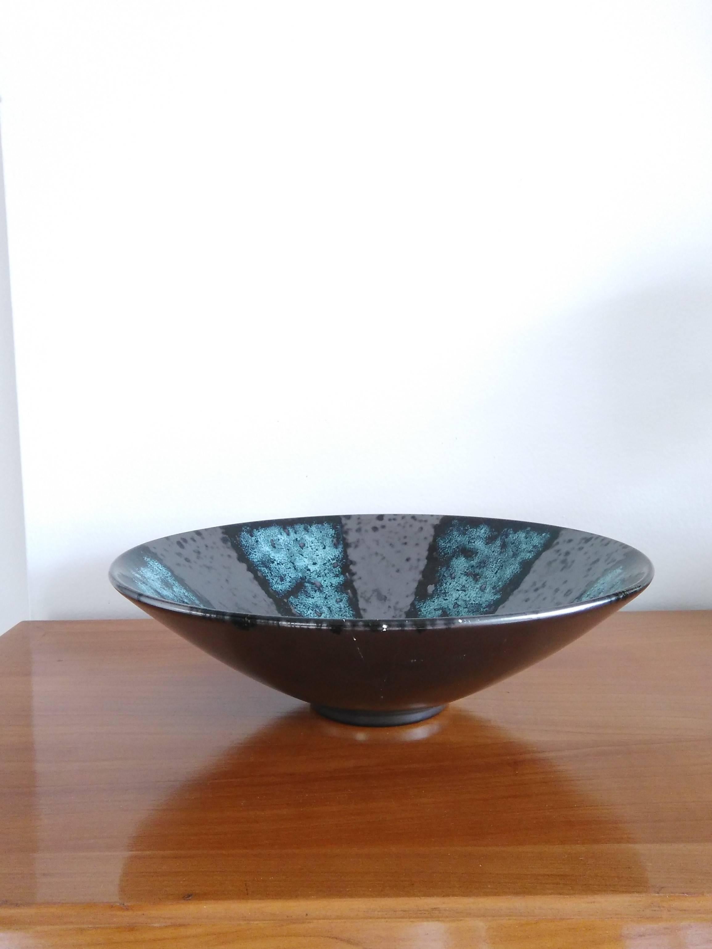 French Rare Blue and Flat Black Ceramic Dish by Elchinger, France, 1960s