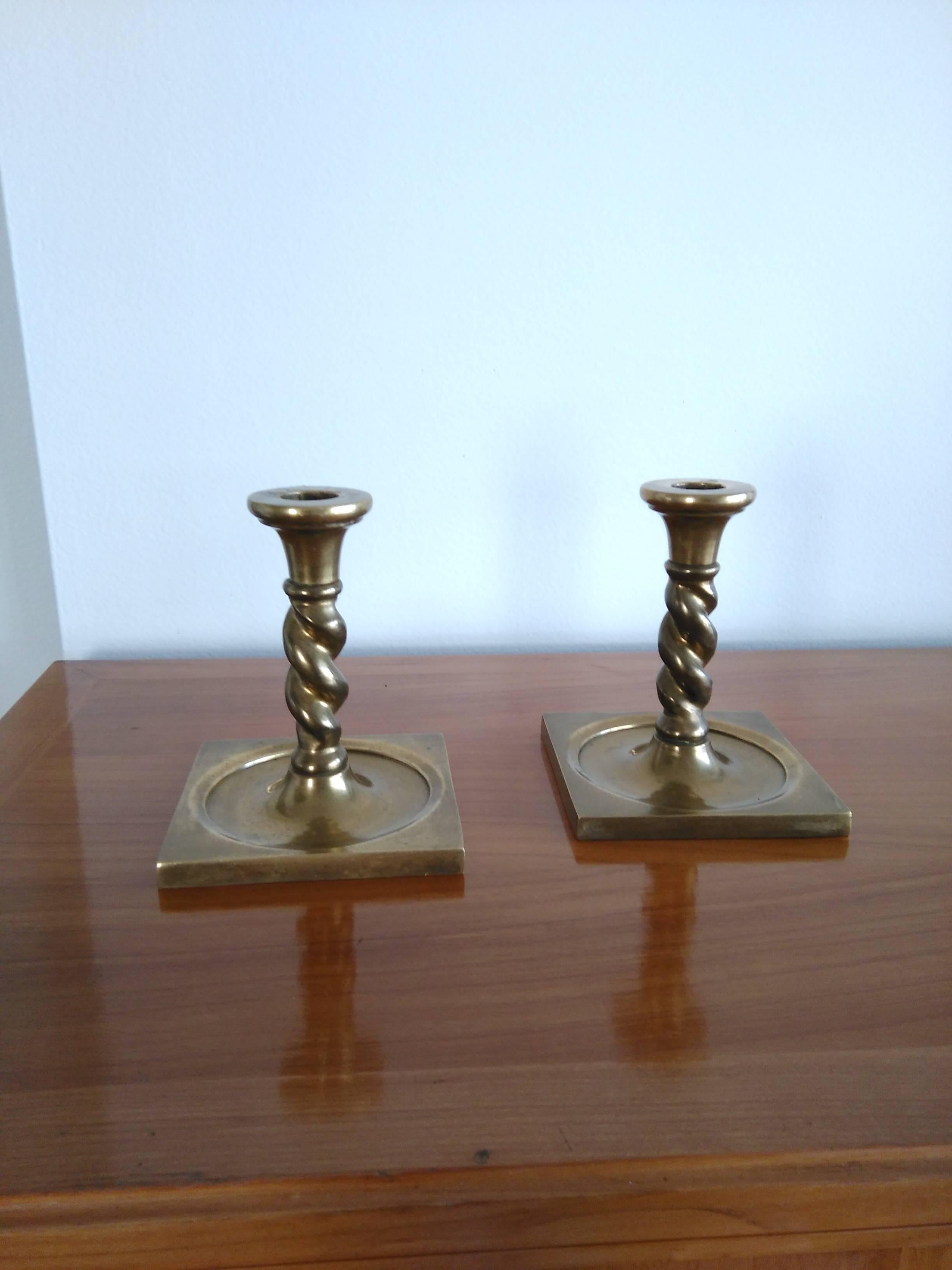 French Pair of Chic Solid Brass Torsade Candleholders, France, 1960s