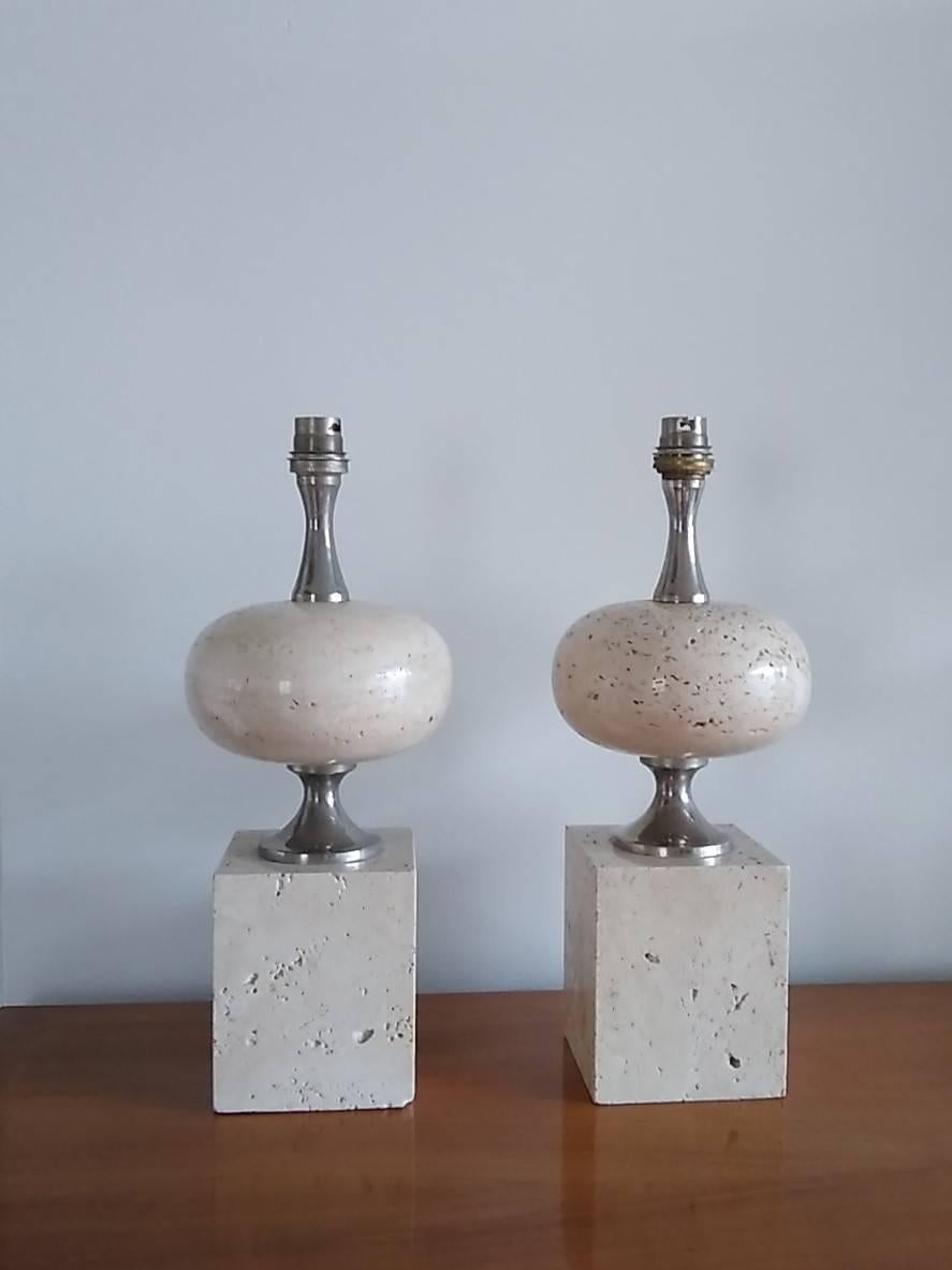 French Pair of Brushed Beige Travertine Table Lamps by Philippe Barbier France, 1970s