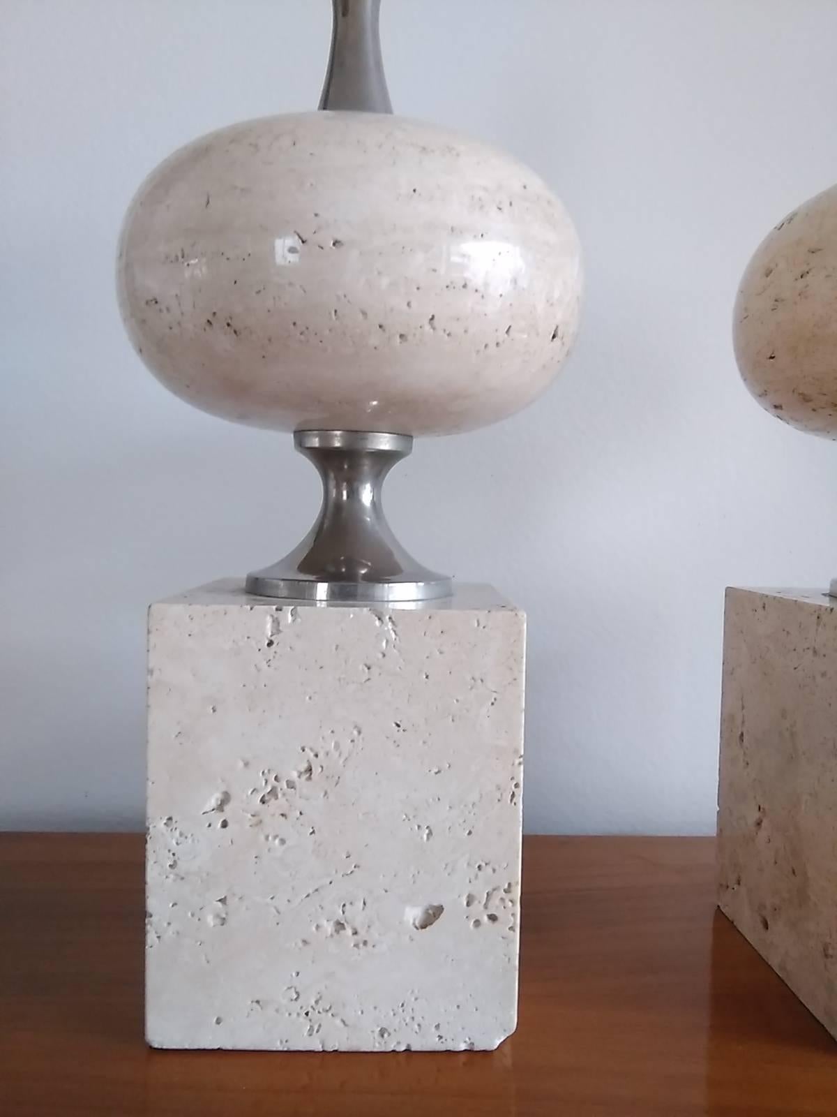 Late 20th Century Pair of Brushed Beige Travertine Table Lamps by Philippe Barbier France, 1970s