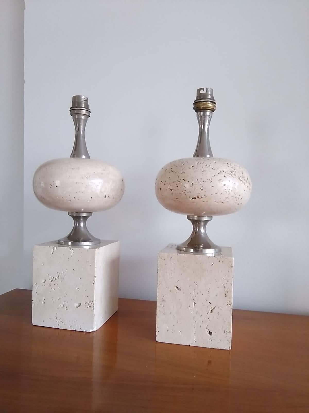 Pair of Brushed Beige Travertine Table Lamps by Philippe Barbier France, 1970s 1