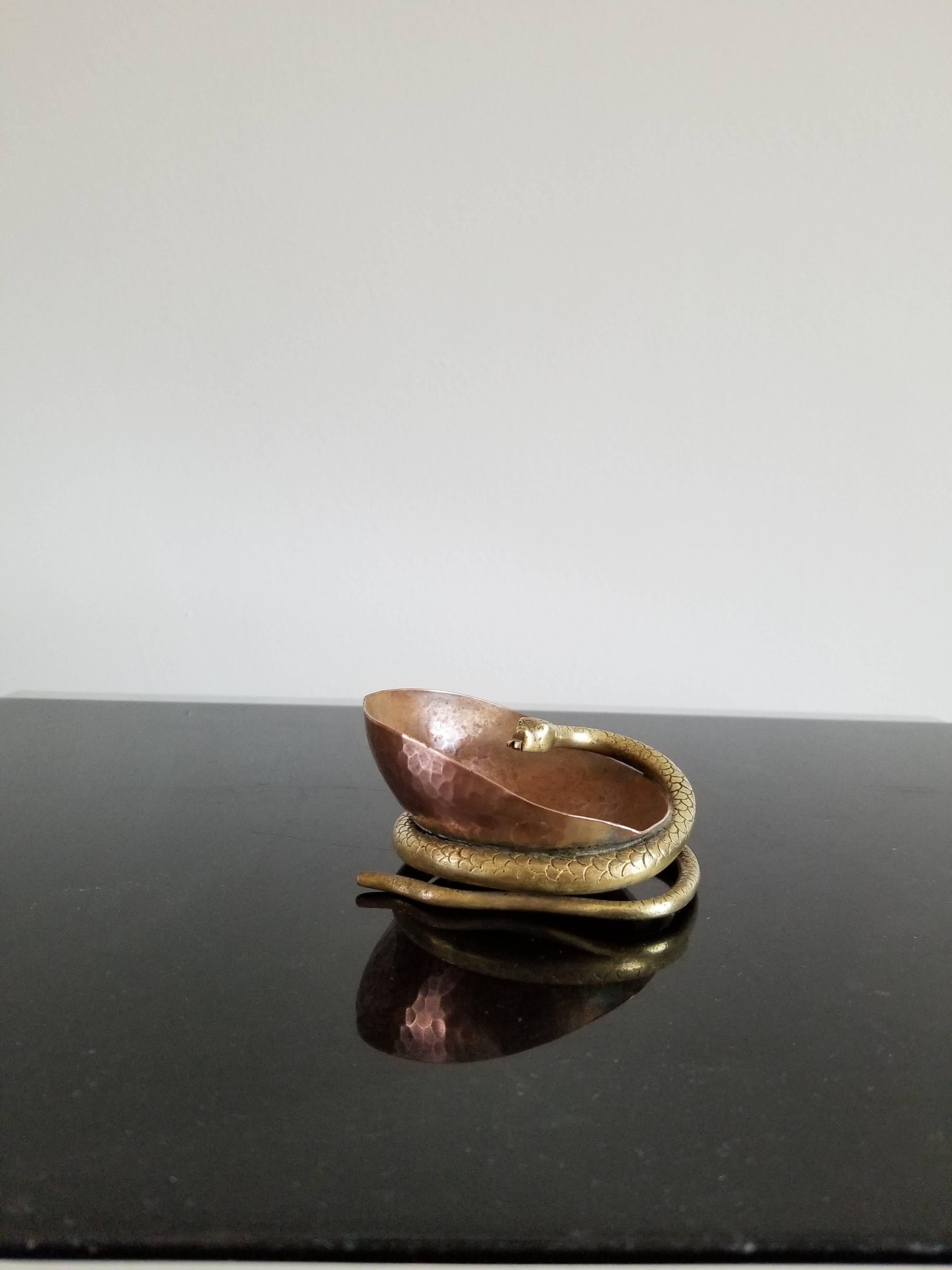 French Petite Brass and Copper Snake Shaped Vessel, France, 1930s