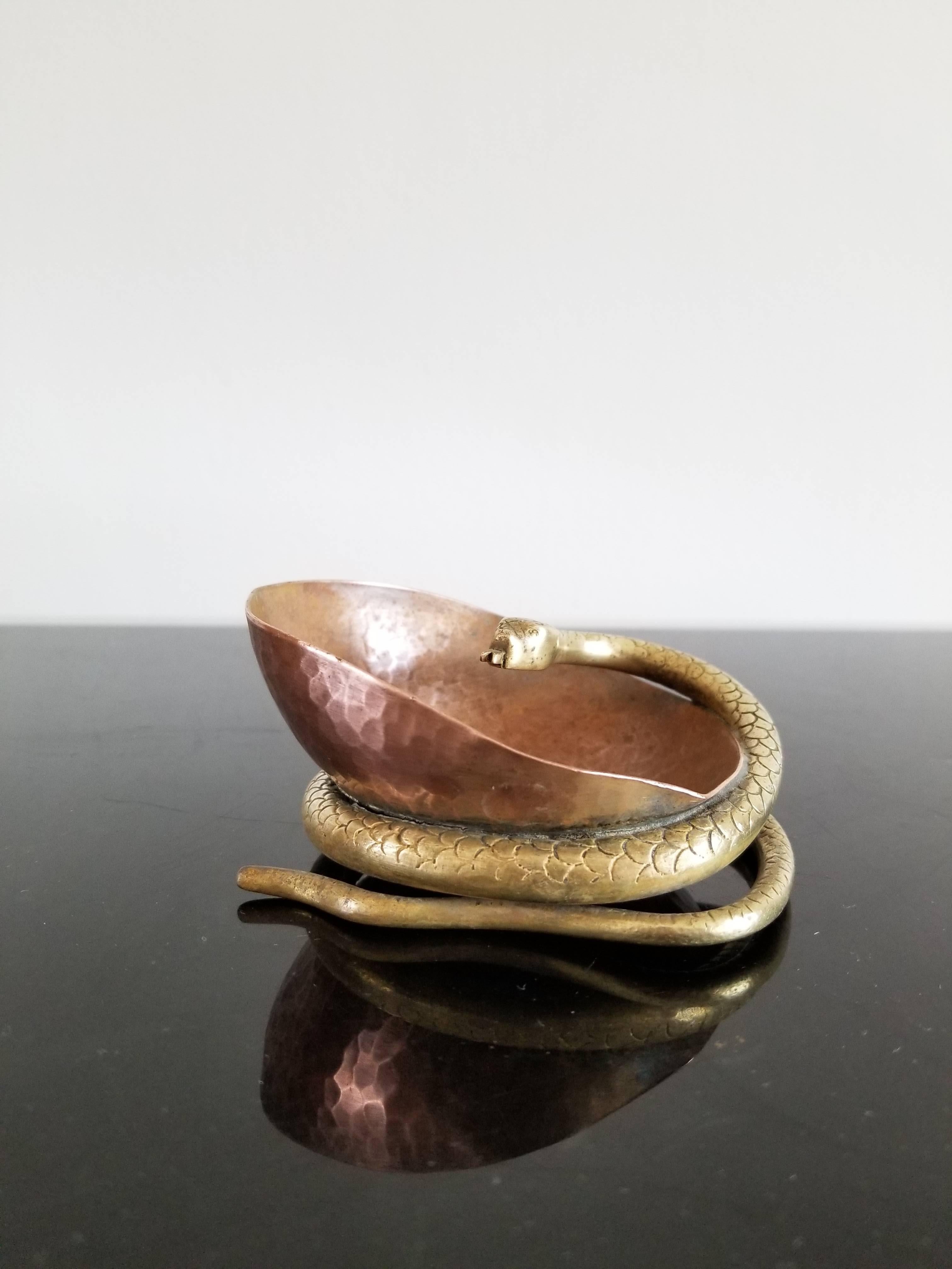 Hammered Petite Brass and Copper Snake Shaped Vessel, France, 1930s