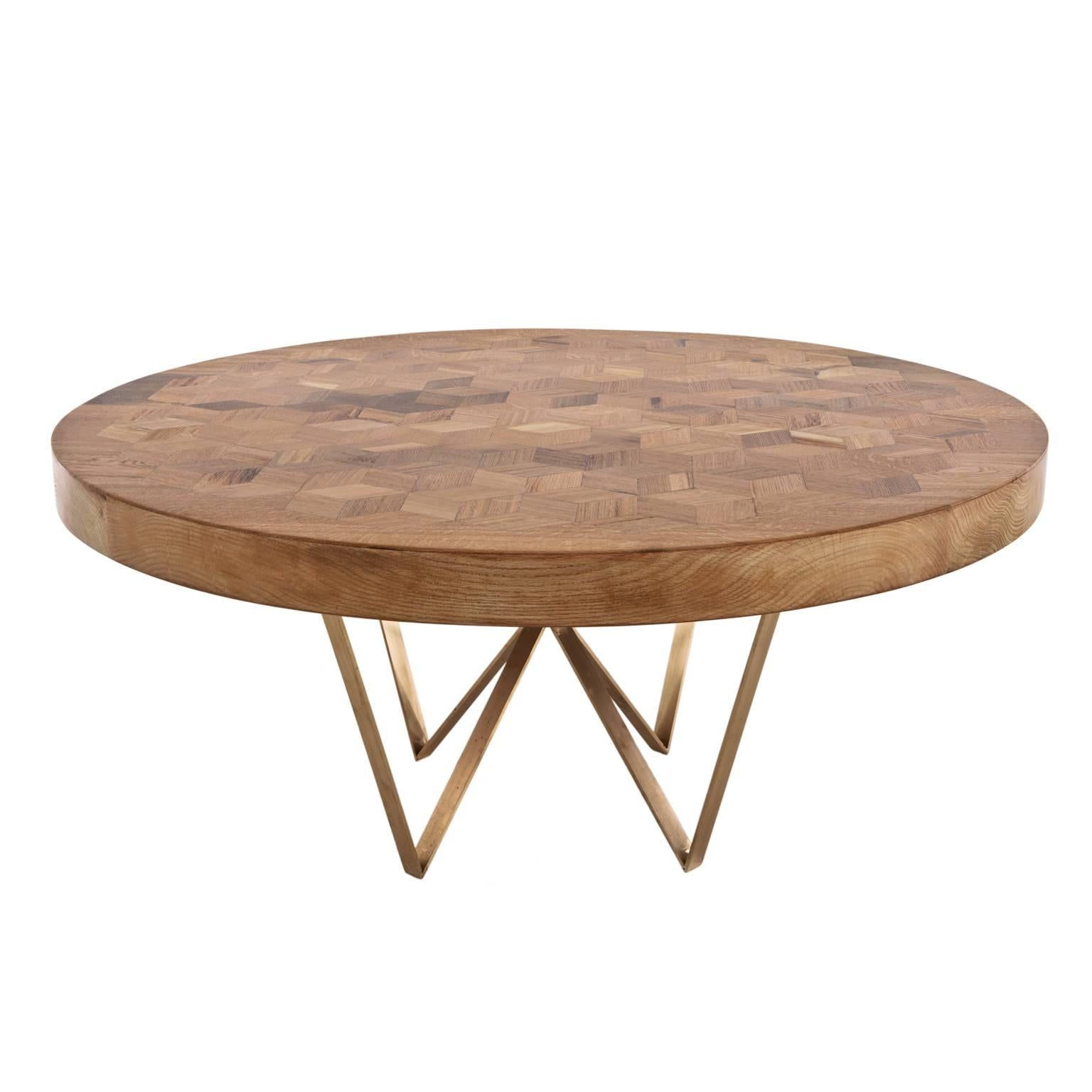 Maurits Round Marquetry Table in Reclaimed Oak with Brass Legs by Fred&Juul