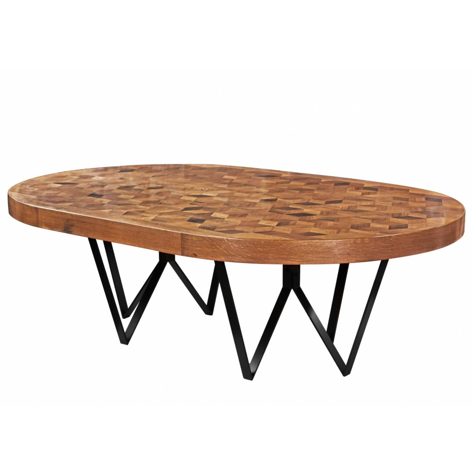 Maurits Oval Marquetry Table in Reclaimed Oak from Old Italian Wine Barrels