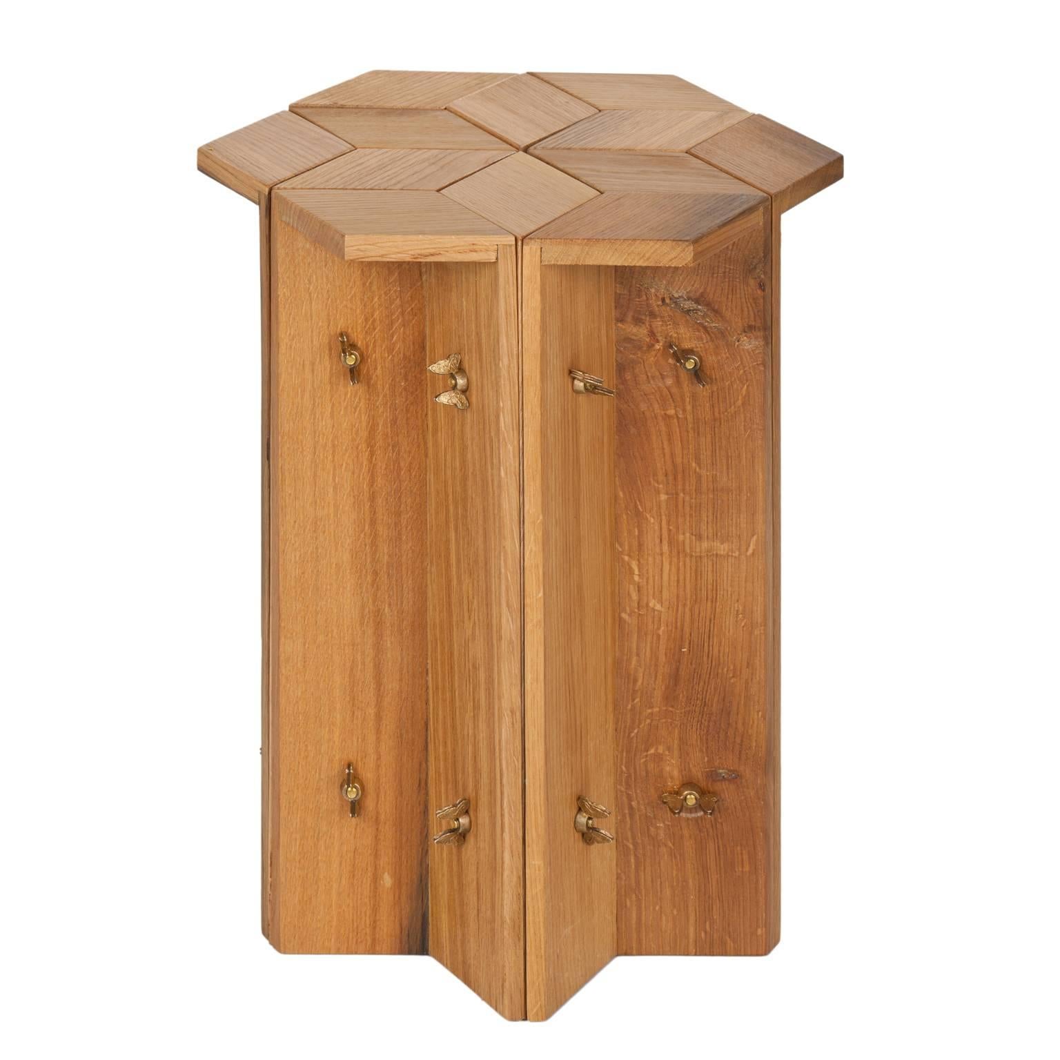 Mike Hexagonal Stool or Side Table in Reclaimed Oak with Butterfly Wingnuts For Sale