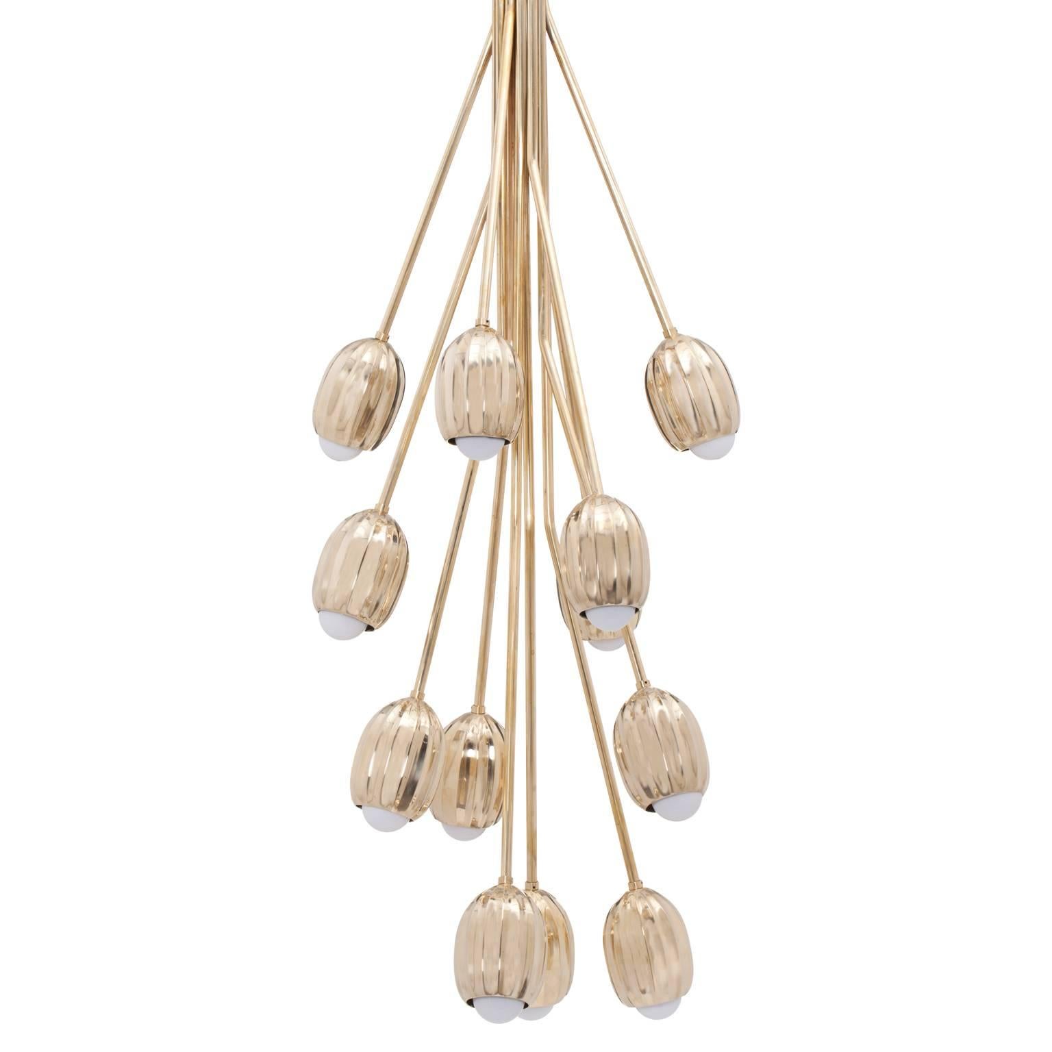 Poppy V. Floral 12-arm Chandelier in Lost Wax Cast Brass For Sale