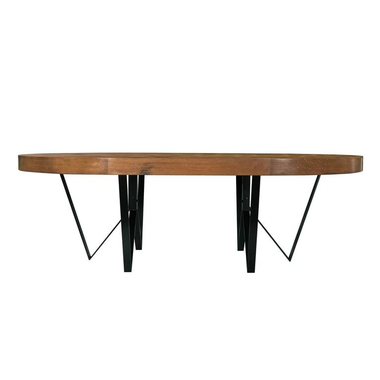 Modern Maurits Oval Marquetry Table in Reclaimed Oak from Old Italian Wine Barrels For Sale