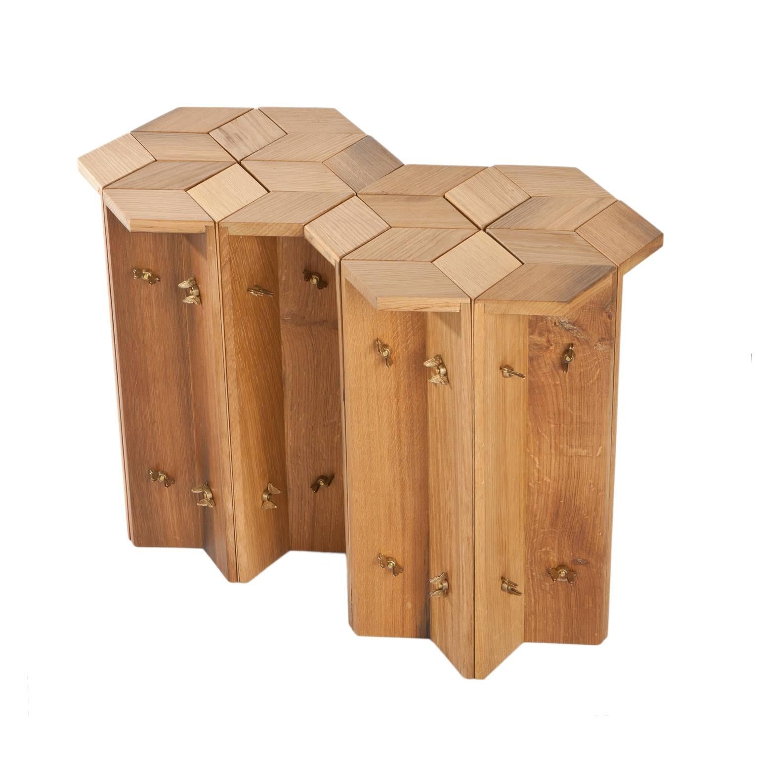 Mike Hexagonal Stool or Side Table in Reclaimed Oak with Butterfly Wingnuts In New Condition For Sale In Fiesole, Florence