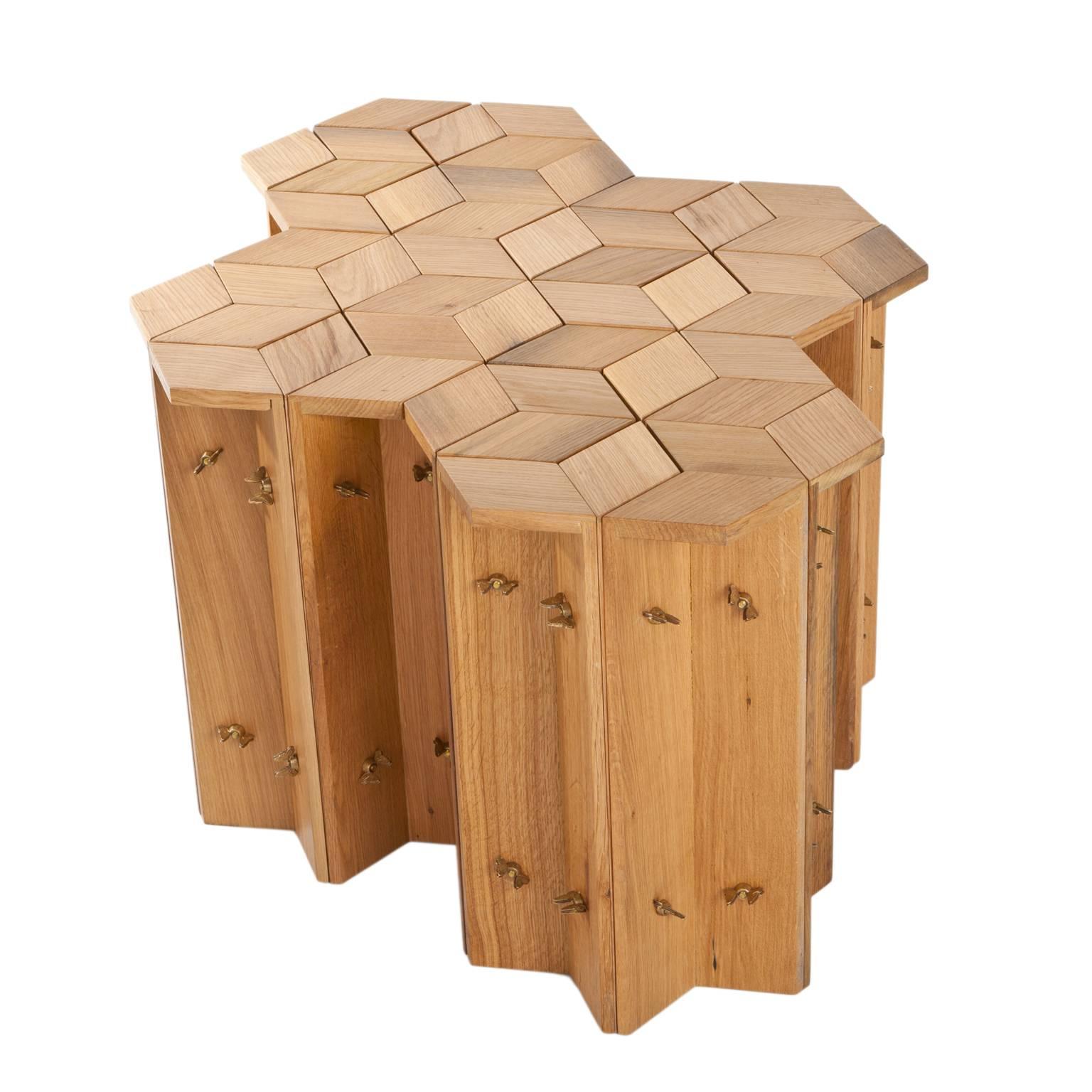 Contemporary Mike Hexagonal Stool or Side Table in Reclaimed Oak with Butterfly Wingnuts For Sale
