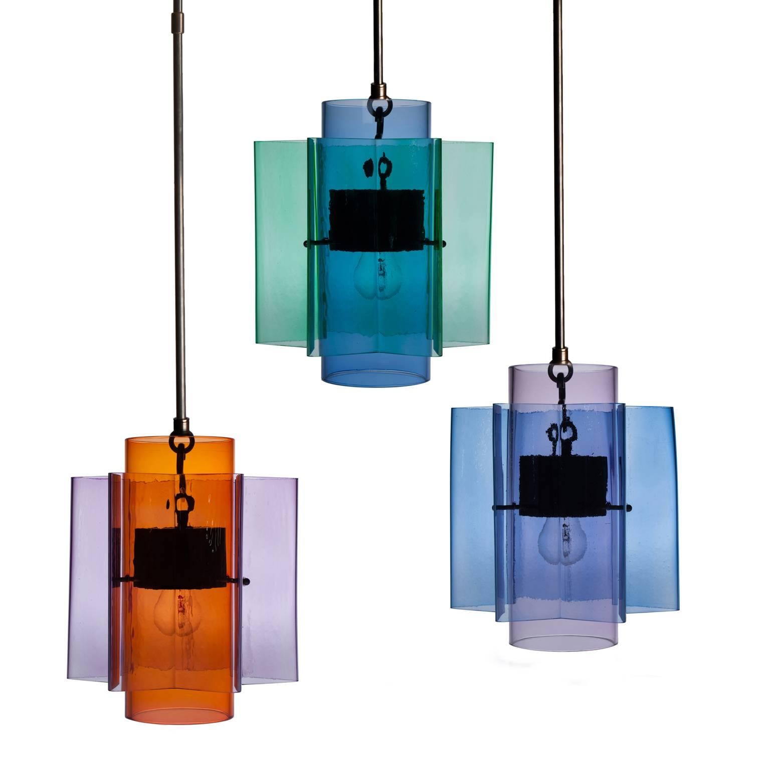 Italian Petrona Colored Star-Shaped Pendant Chandelier in Purple and Blue Blown Glass