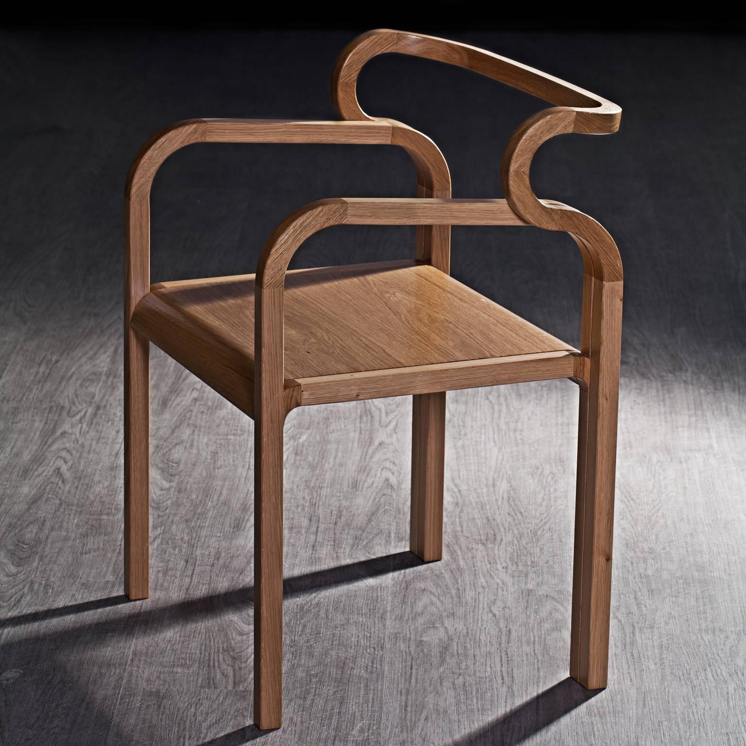 Hand-Crafted Odette Curvy Dining Chair with Armrests in Solid Oak Wood by Fred&Juul For Sale