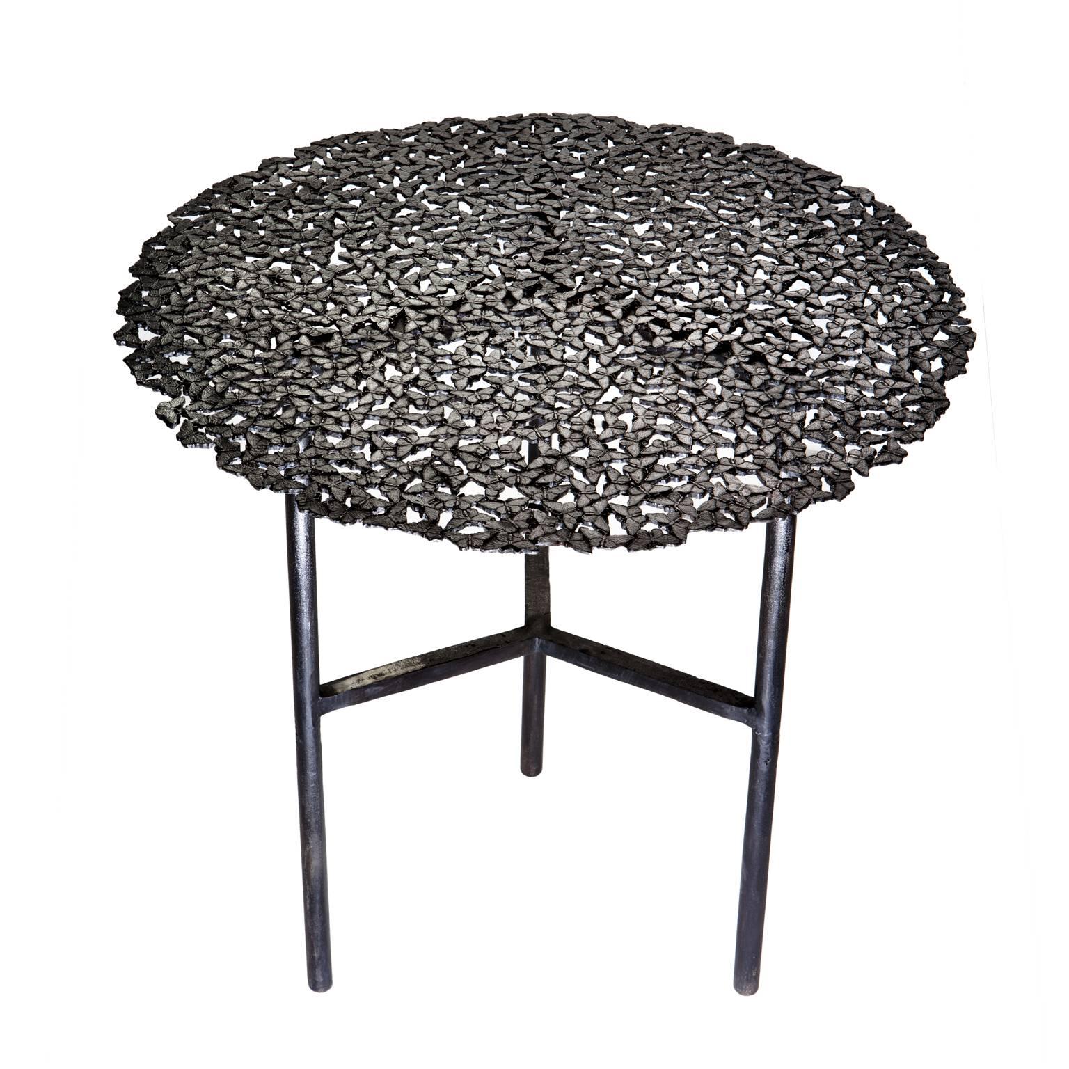 Italian Jean Blackened Bronze Lost Wax Cast Butterfly Indoor or Outdoor Side Table For Sale