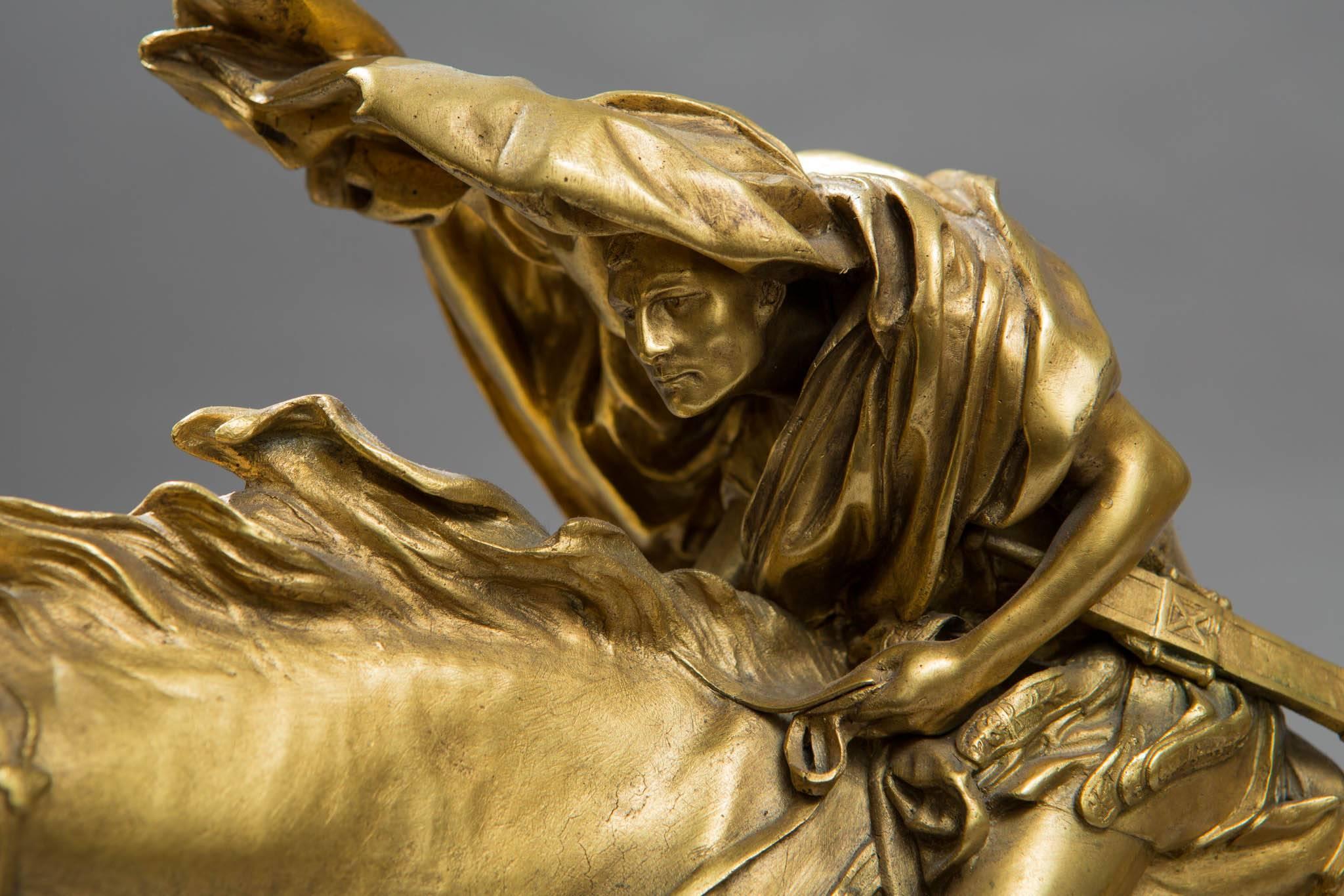 The gilt bronze sculpture depicting Julius Caesar on a horse crossing the Italian river Rubicon, which he famously did in 49 B.C. Cast by the famous French foundry, one side of the base reads ‘F. BARBADIENNE, FONDEUR PARIS FRANCE,’ whilst the other