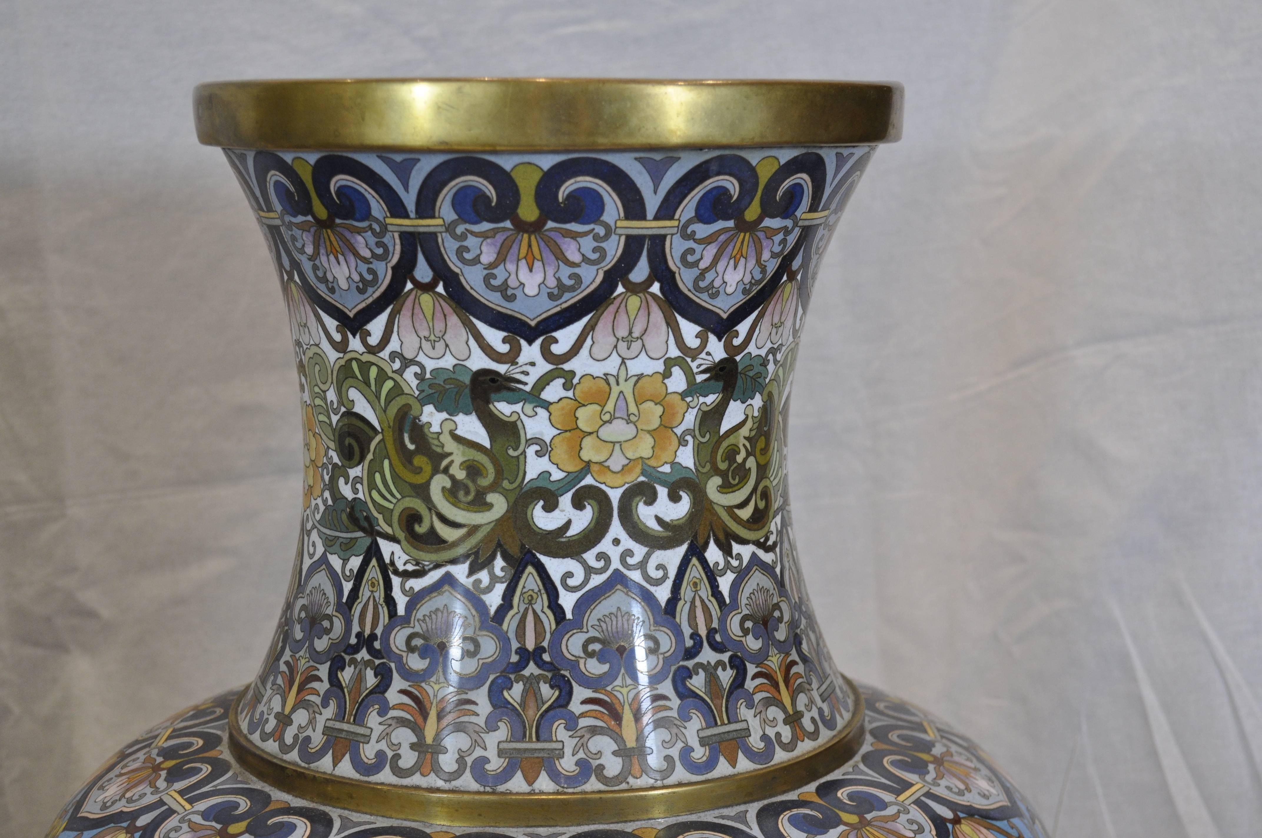 Cloissoné Pair of Early 20th Century Chinese Ormolu-Mounted Polychrome Cloisonné Vases For Sale