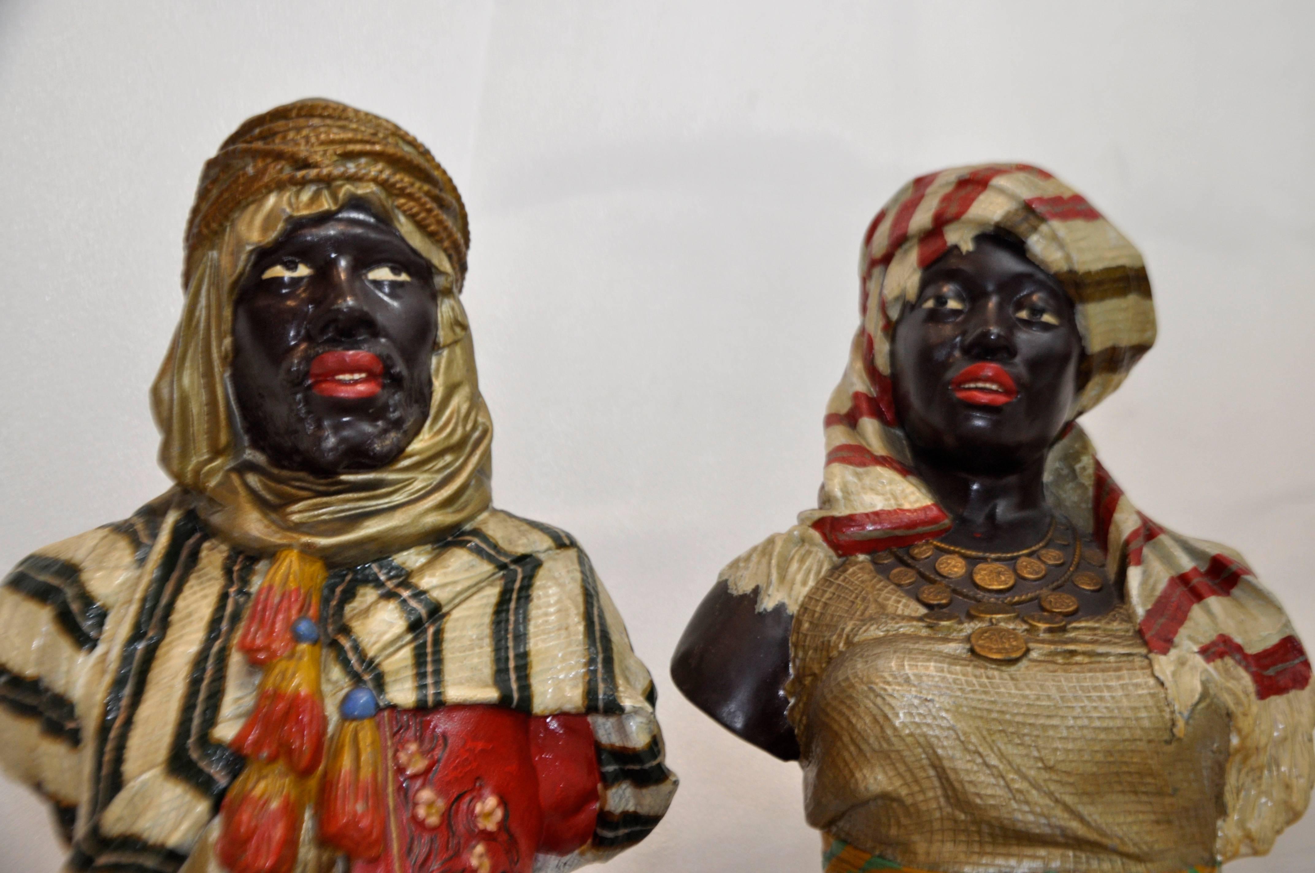 French Pair of 19th Century Spelter Cold-Painted Busts of Middle Eastern Figures For Sale