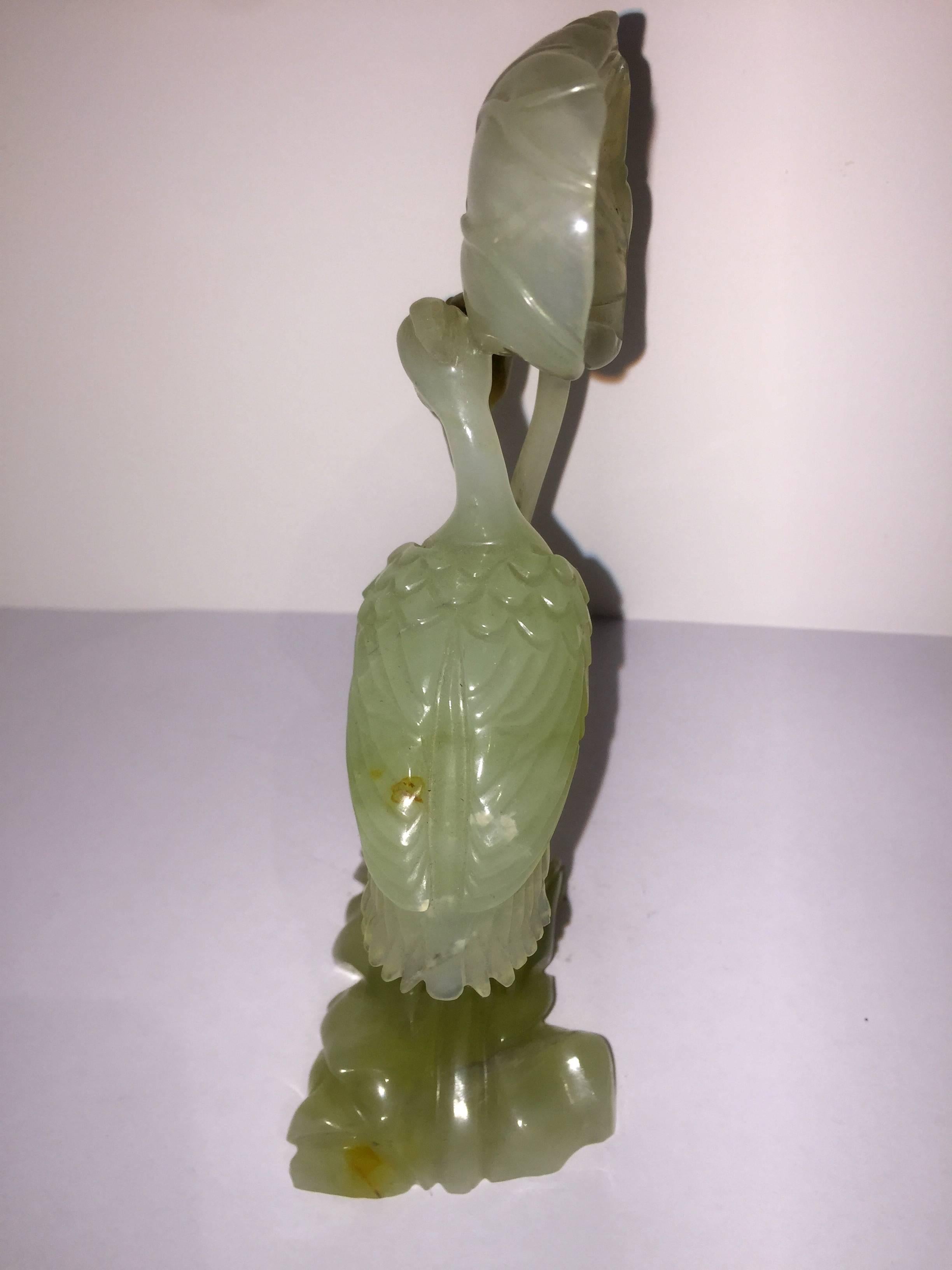 Chinese Early 20th Century Carved Serpentine Heron Figurine with Flowers For Sale