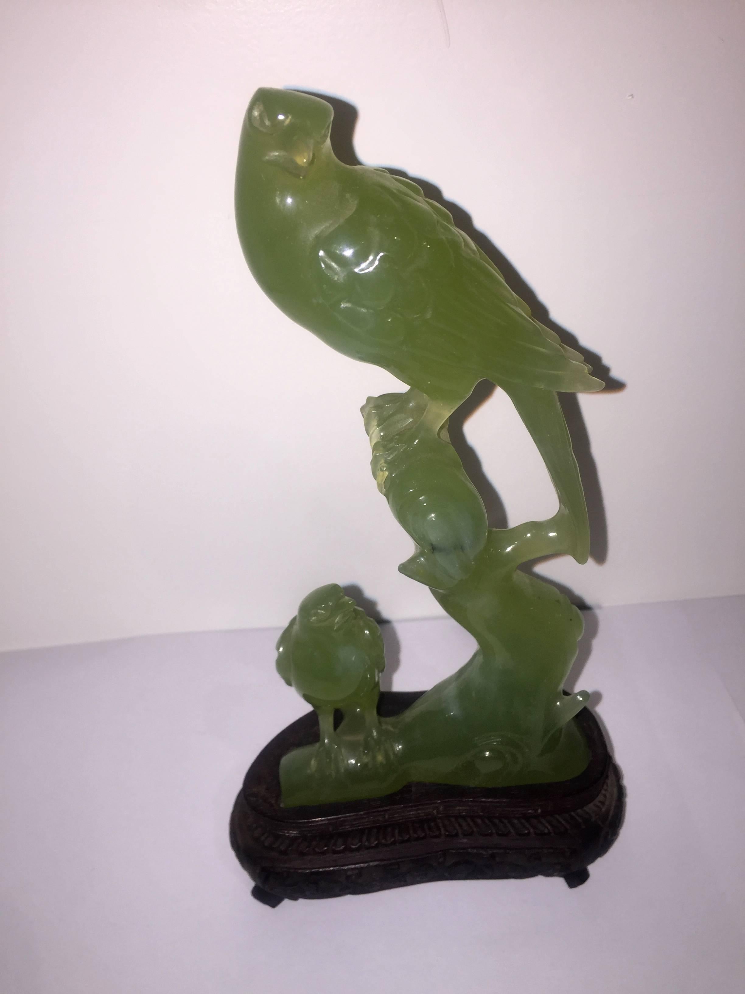 Chinese Early 20th Century Carved Serpentine Group of Two Birds Perched on Branches For Sale