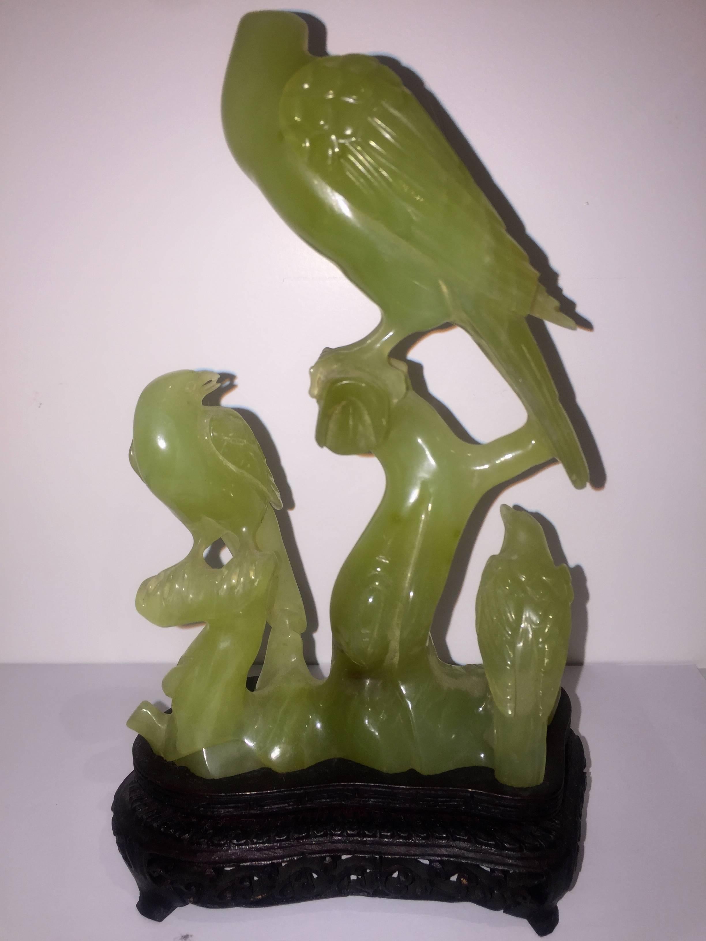 Early 20th Century, Chinese Carved Group of Three Birds Perched on Branches For Sale 2