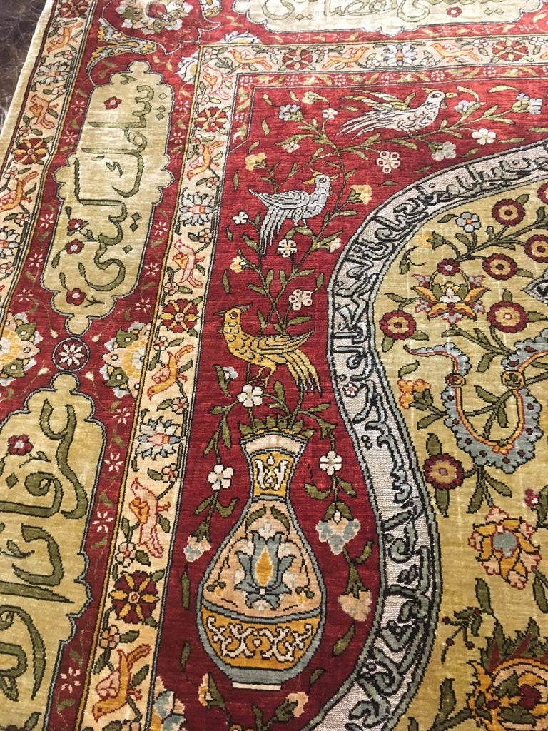 Hereke Silk Rug with Islamic Calligraphy Signed by Hereke Ozbek For