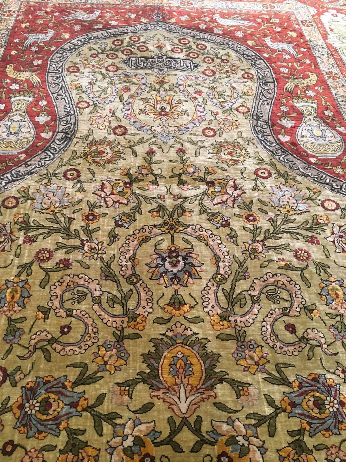 Hereke Silk Rug with Islamic Calligraphy Signed by Hereke Ozbek For ...