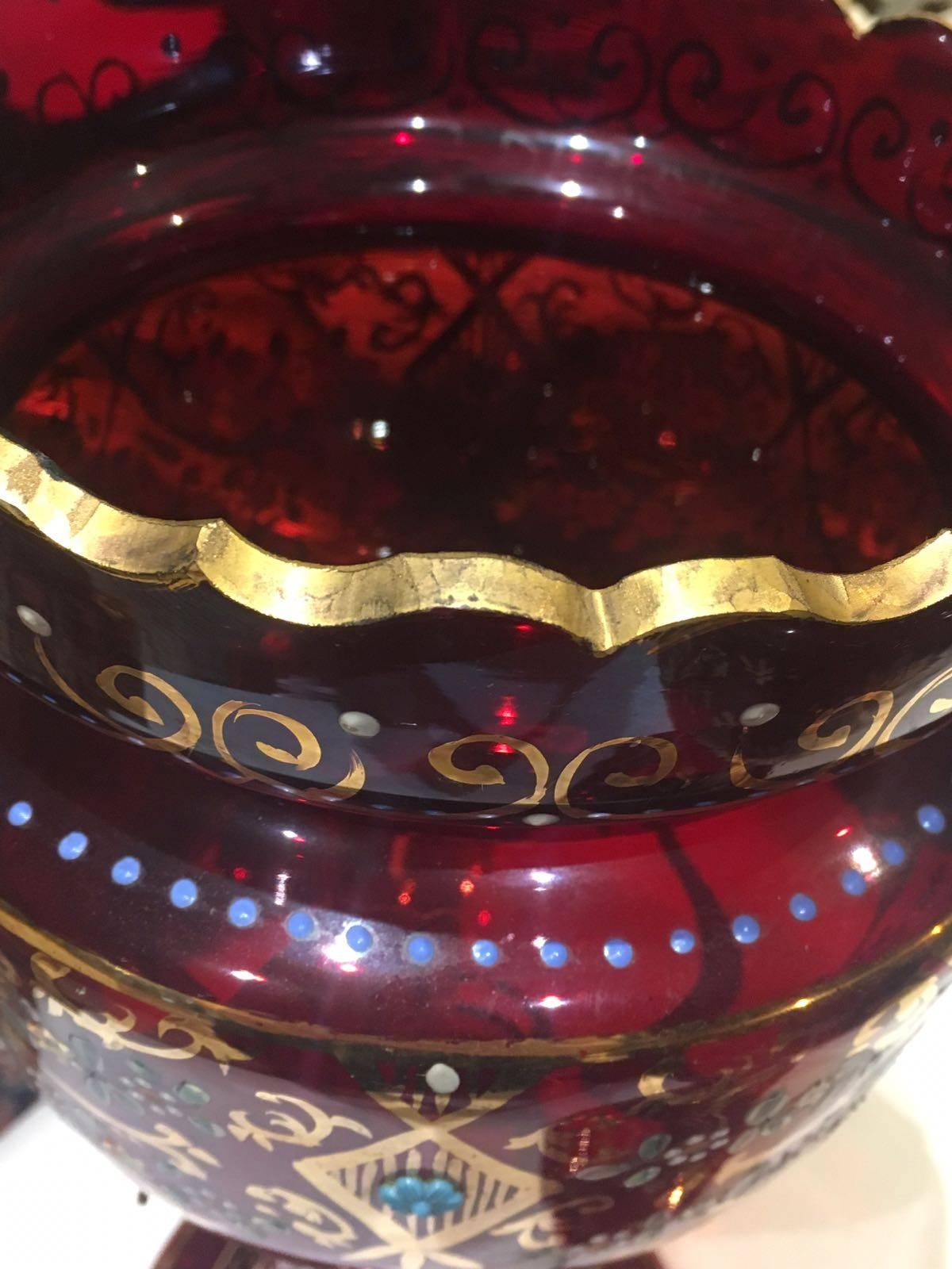 Glass 19th Century a Pair of Ruby Red Bohemian Mantle Lustres