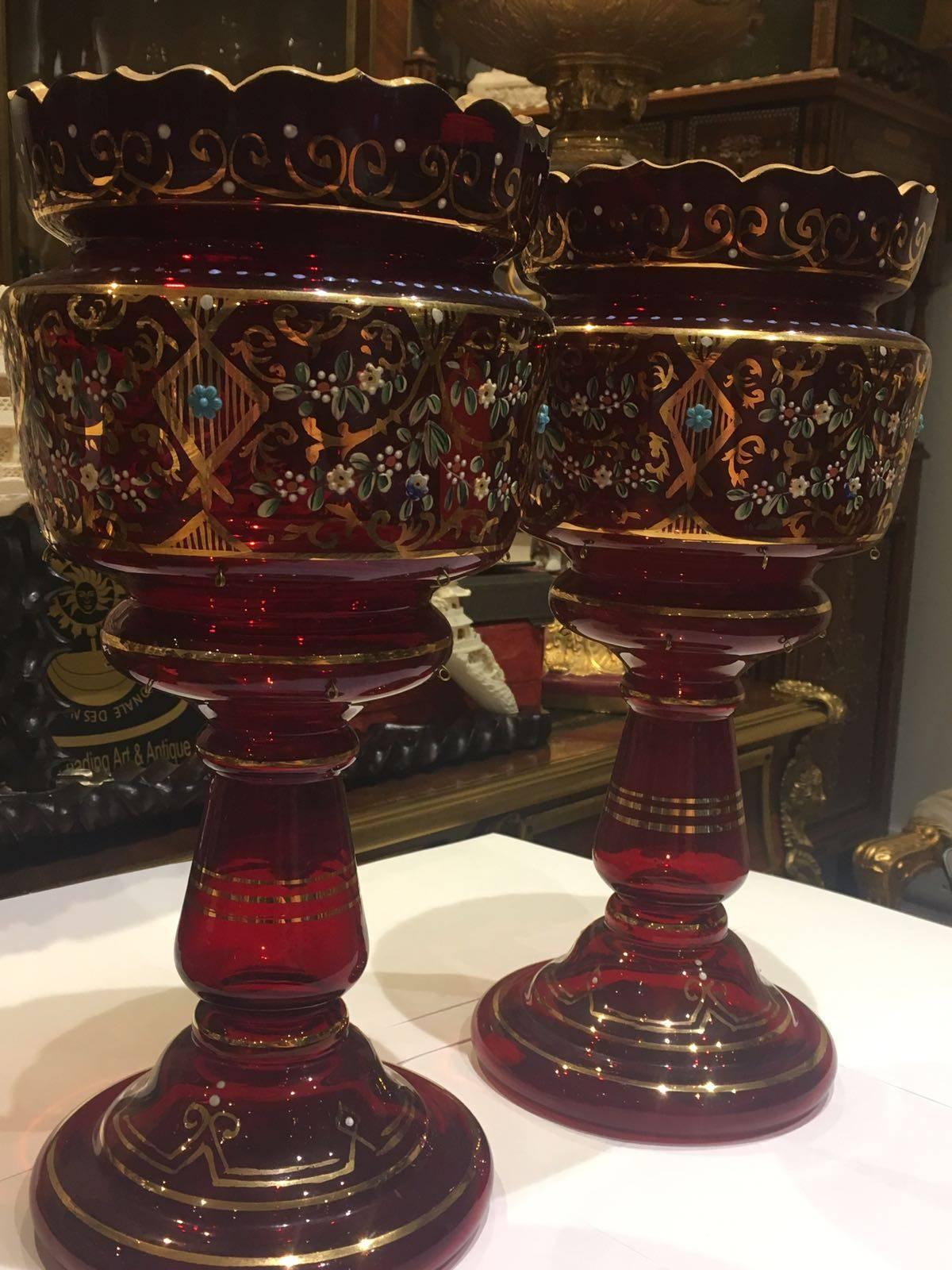 19th Century a Pair of Ruby Red Bohemian Mantle Lustres 2