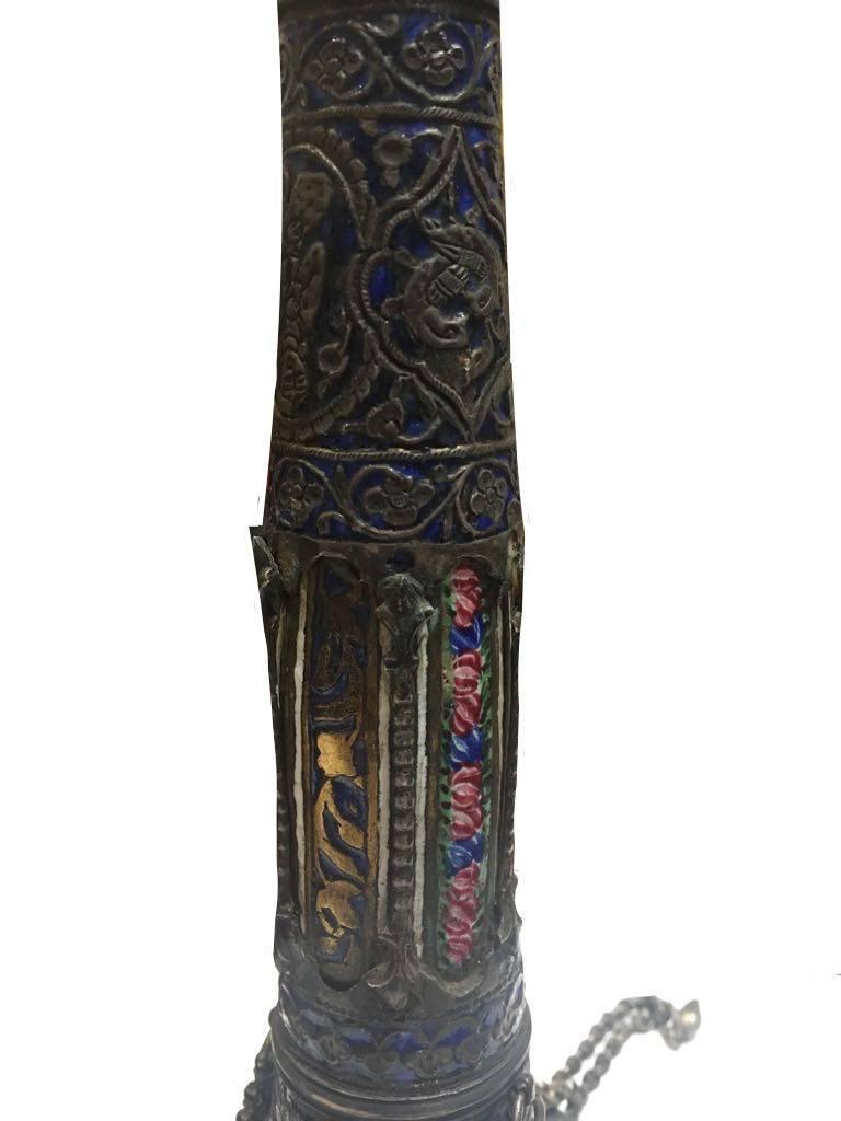 Other 19th Century, a Qajar Silver Enamel Hookah with a Leather Base For Sale