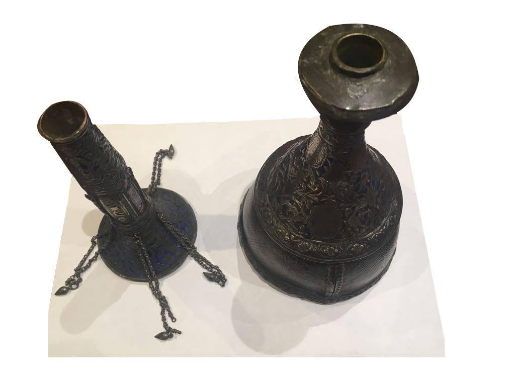 Persian 19th Century, a Qajar Silver Enamel Hookah with a Leather Base For Sale
