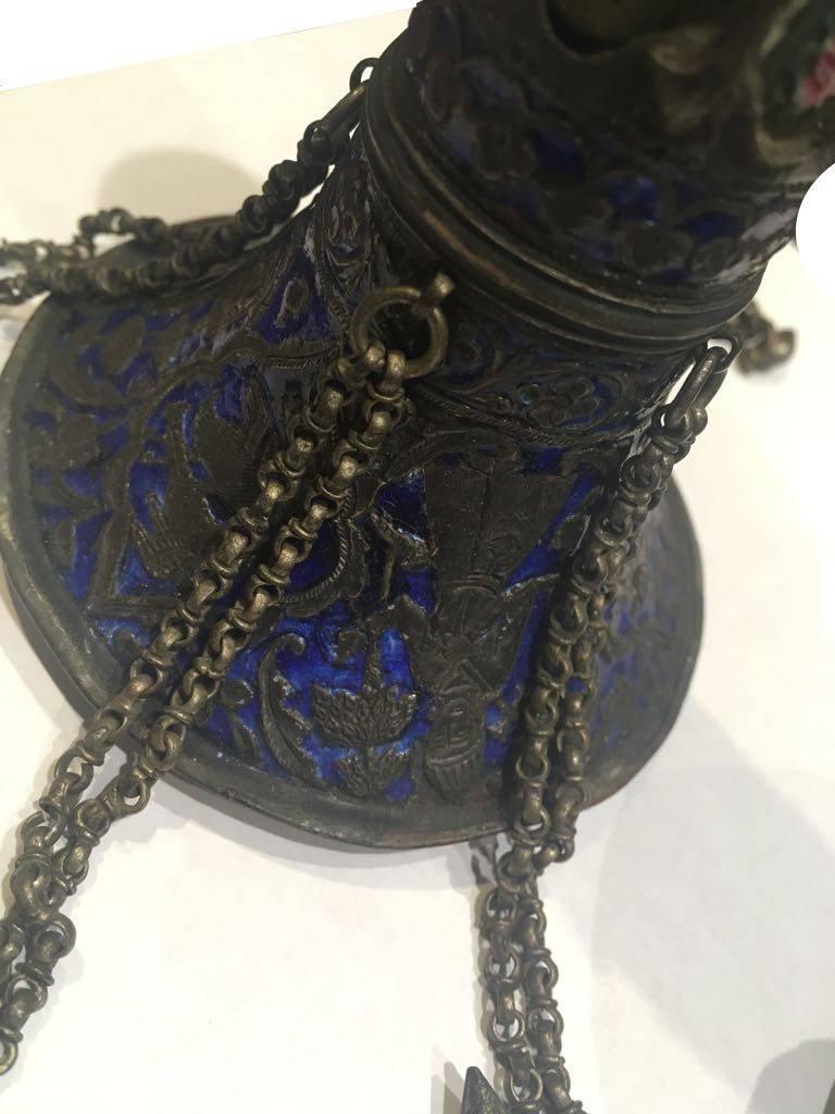 19th Century, a Qajar Silver Enamel Hookah with a Leather Base In Excellent Condition For Sale In London, GB