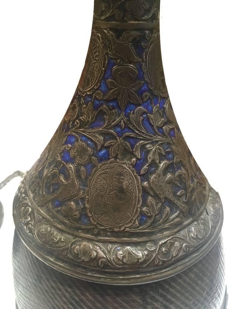 Enameled 19th Century, a Qajar Silver Enamel Hookah with a Leather Base For Sale