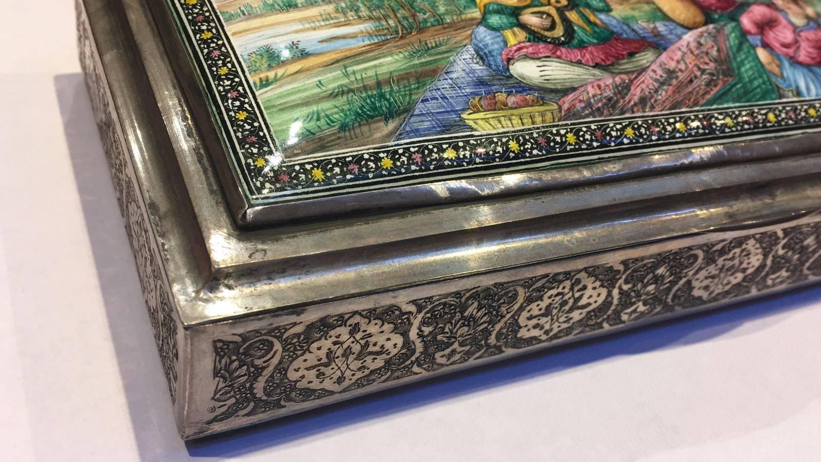 20th Century, Pure Silver Box with enamelled pastoral scene. Isfahan, Iran. In Excellent Condition In London, GB
