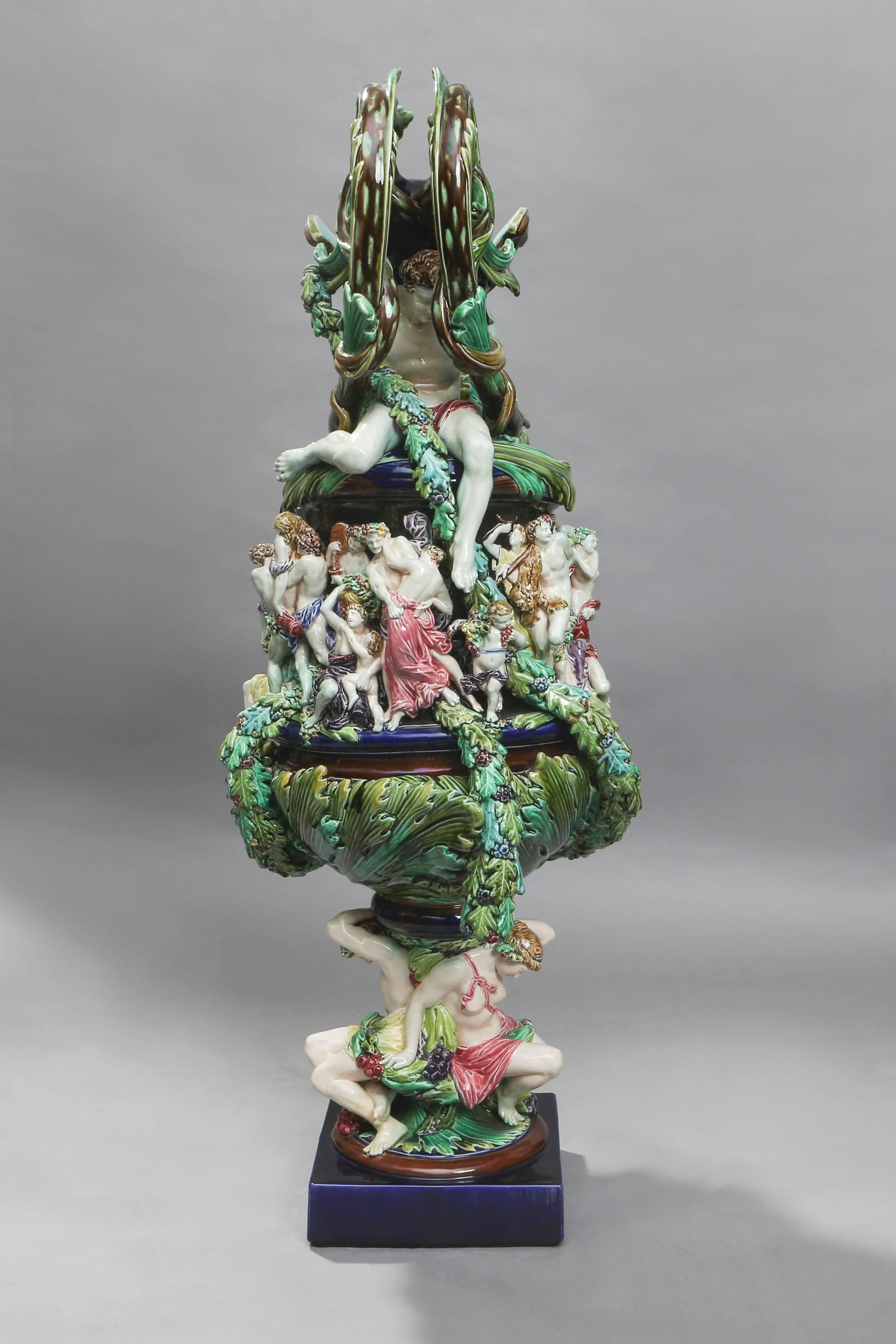 Victorian Impressive Large Majolica Ewer with Figures, 19th Century
