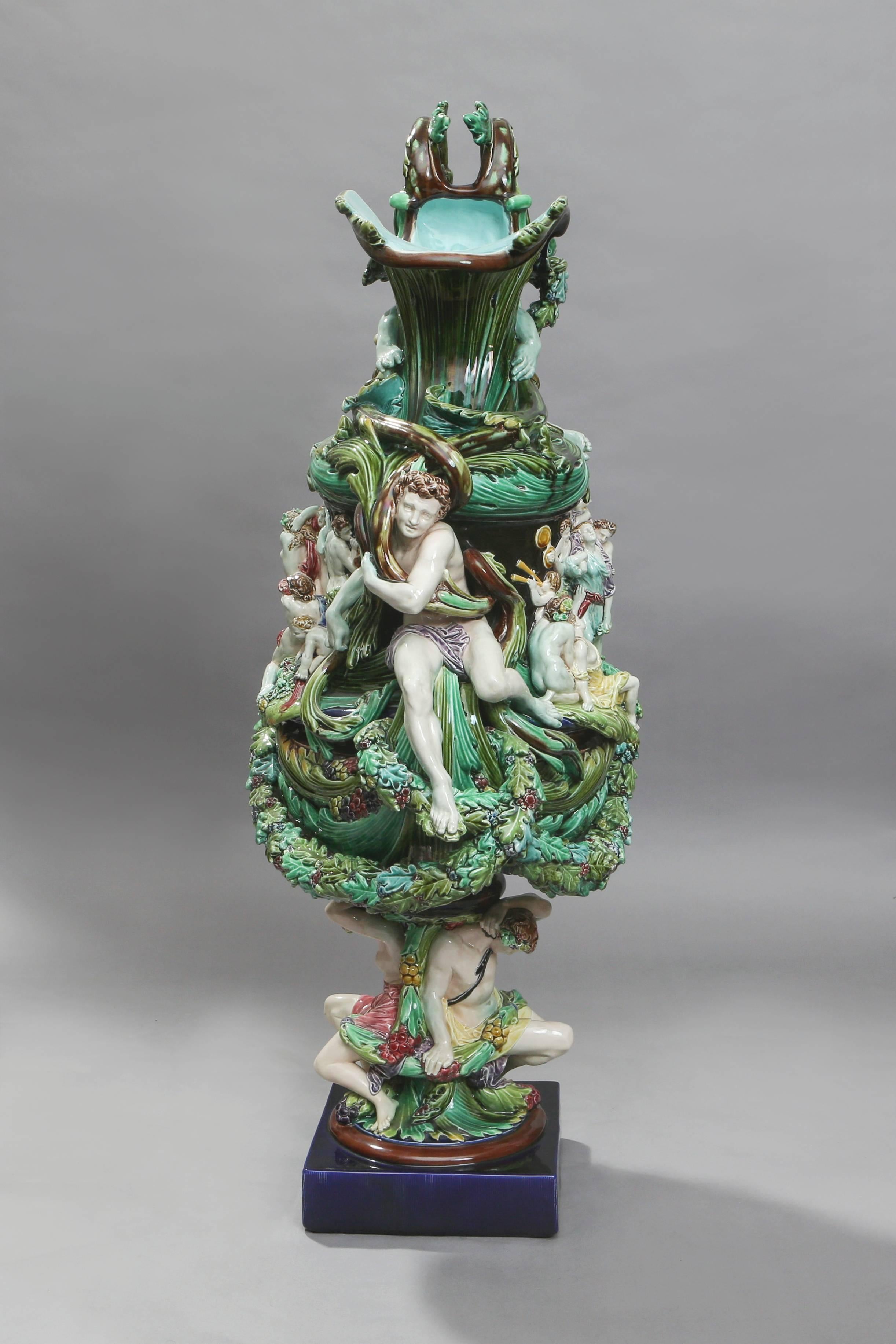 English Impressive Large Majolica Ewer with Figures, 19th Century