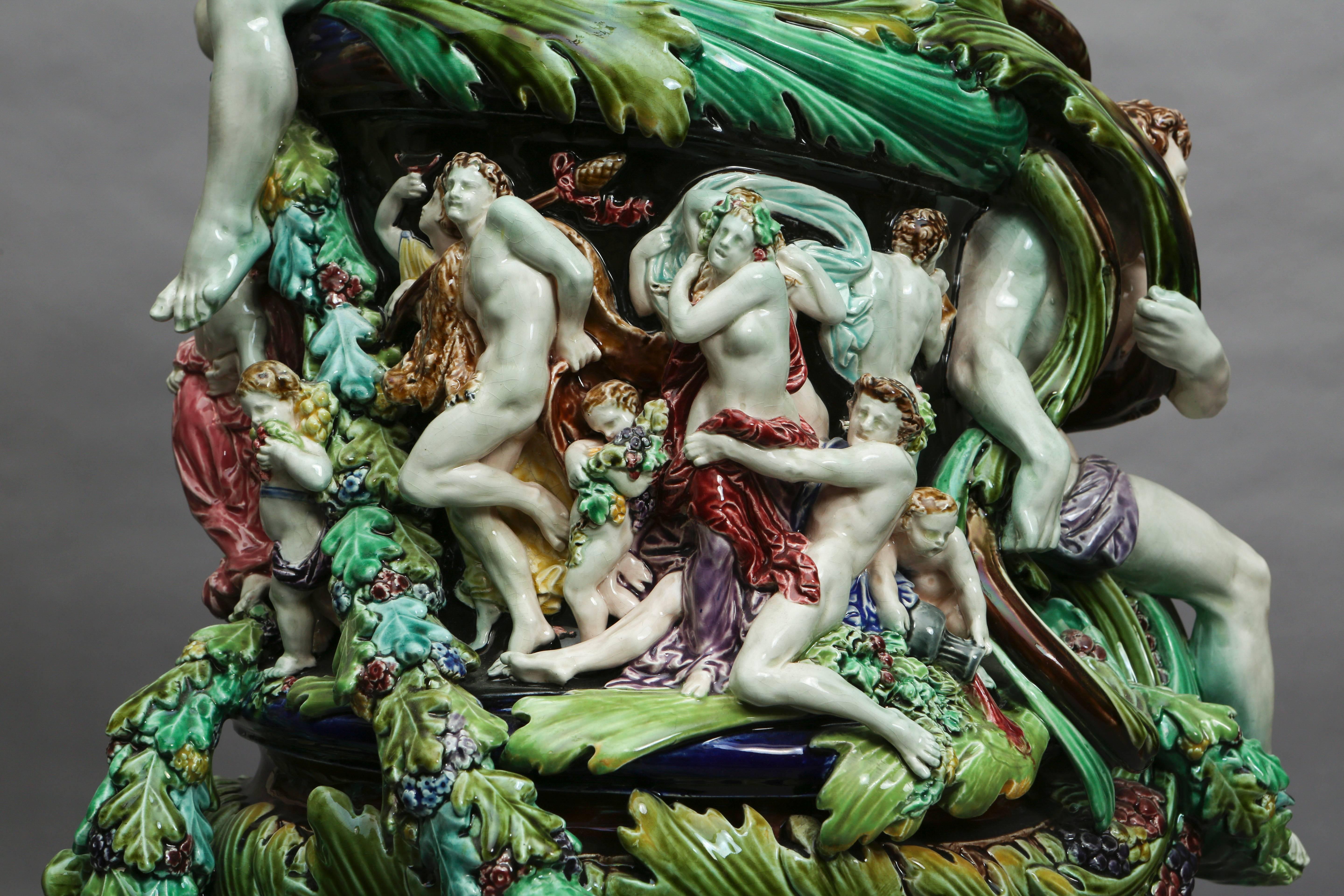 Glazed Impressive Large Majolica Ewer with Figures, 19th Century