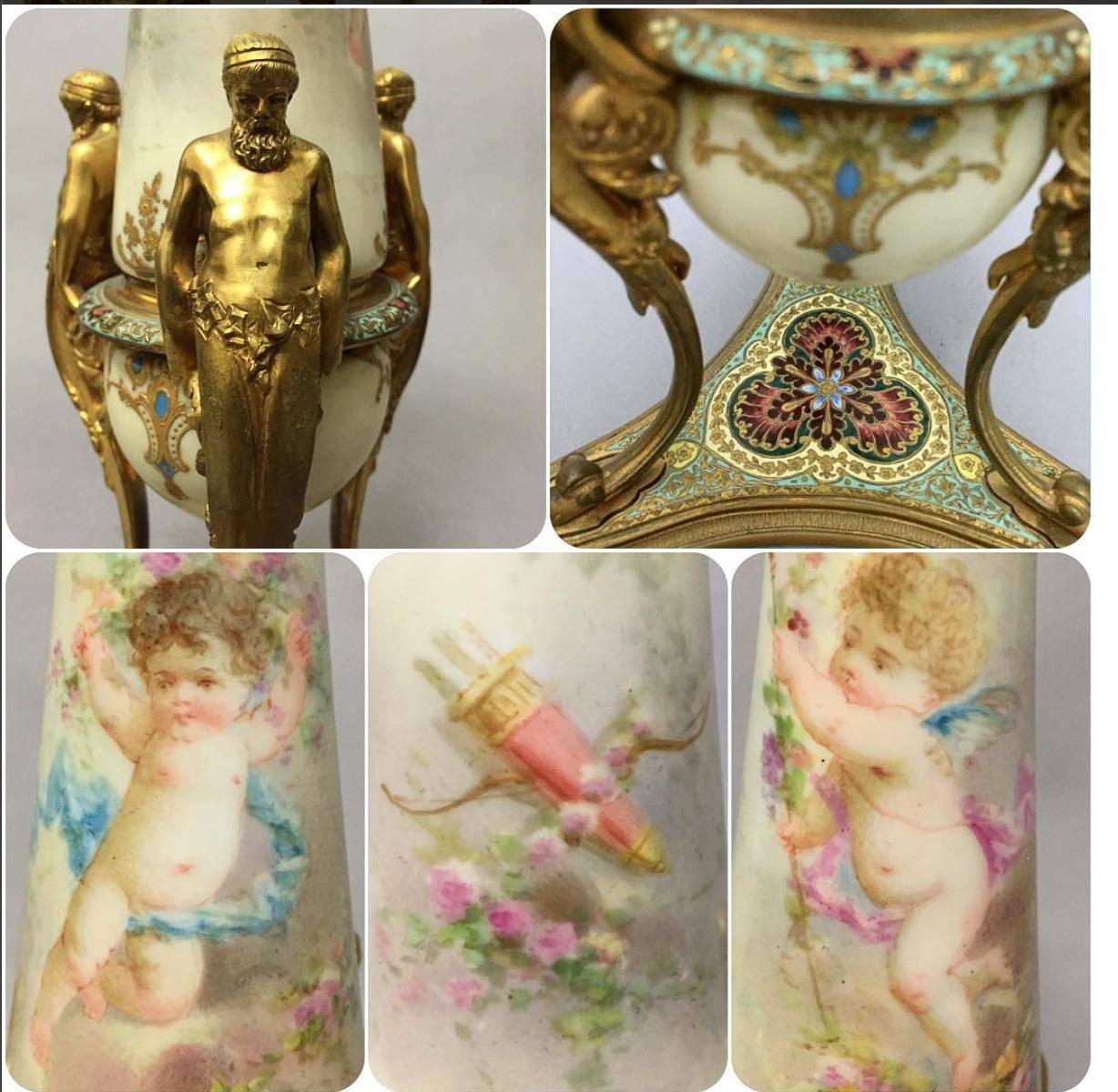 A lovely pair of French bud vases made of painted porcelain with gilt-bronze mounts, base and flaring neck. The body is painted with little putti surrounded by flowers. On the reverse side of one there is a cupid’s bow and arrows, whilst the other
