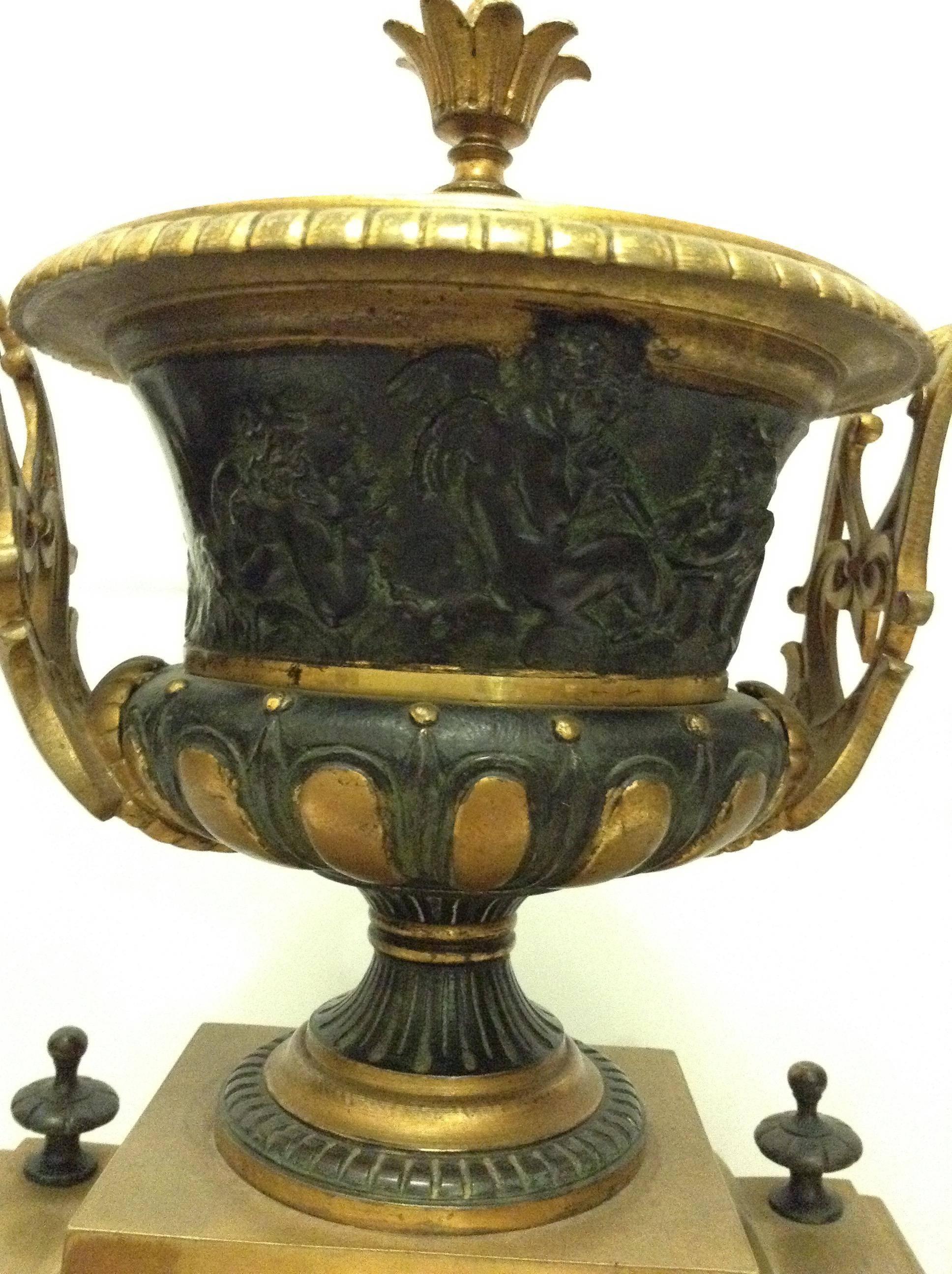 Hand-Crafted French Bronze Clock Garniture with Urn and Lion Motif by Japy Freres For Sale