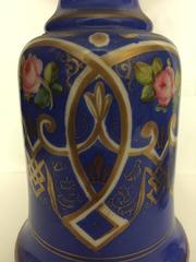 Pair of Blue Gilt and Enamelled Bohemian Glass Oil Lamps with Matching Stands