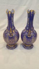 Pair of 19th Century Bohemian White and Blue-Overlay Gilt Glass Ewers