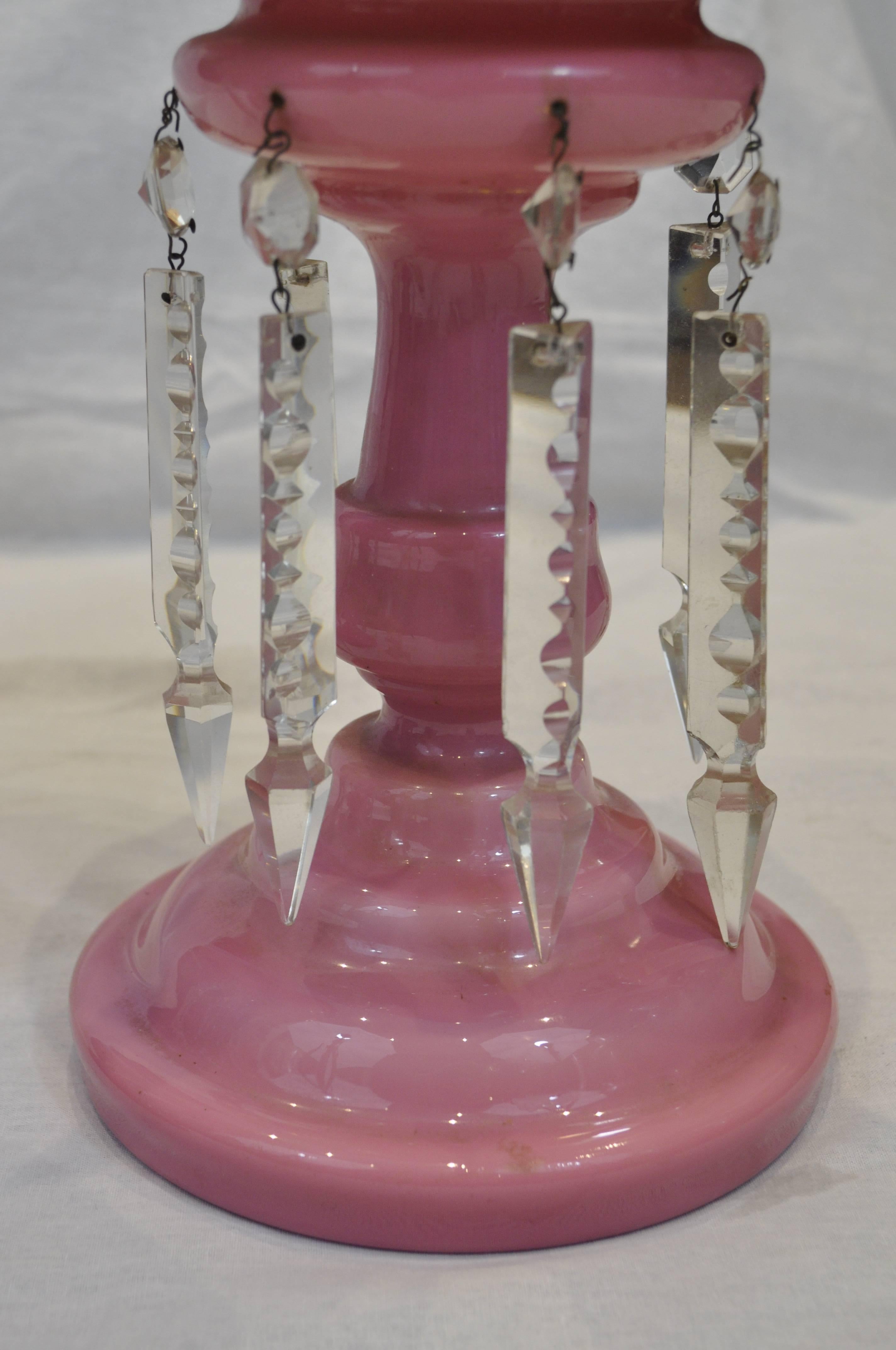 Czech Pair of 19th Century Bohemian Pink Opaline Glass Mantle Lustres For Sale