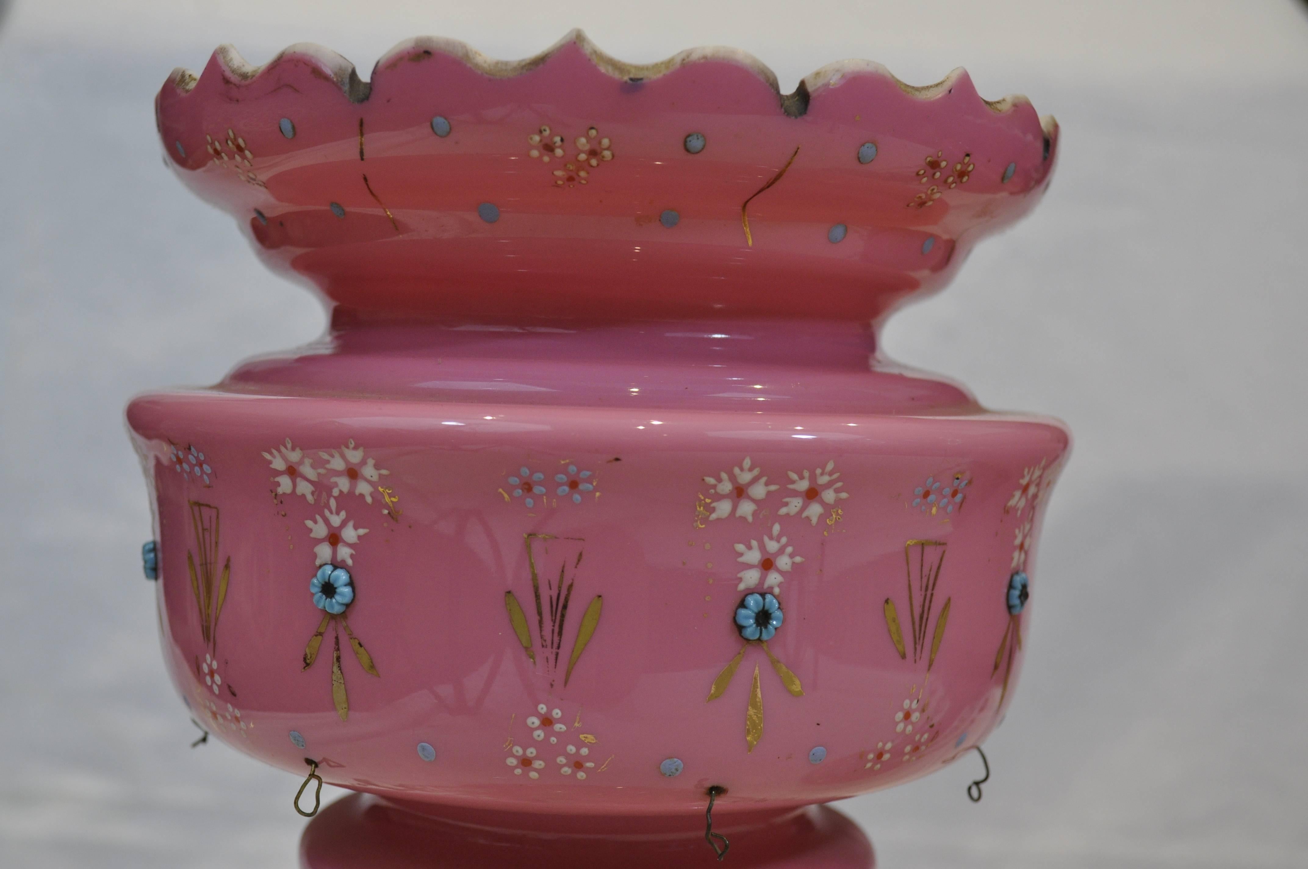 Enameled Pair of 19th Century Bohemian Pink Opaline Glass Mantle Lustres For Sale