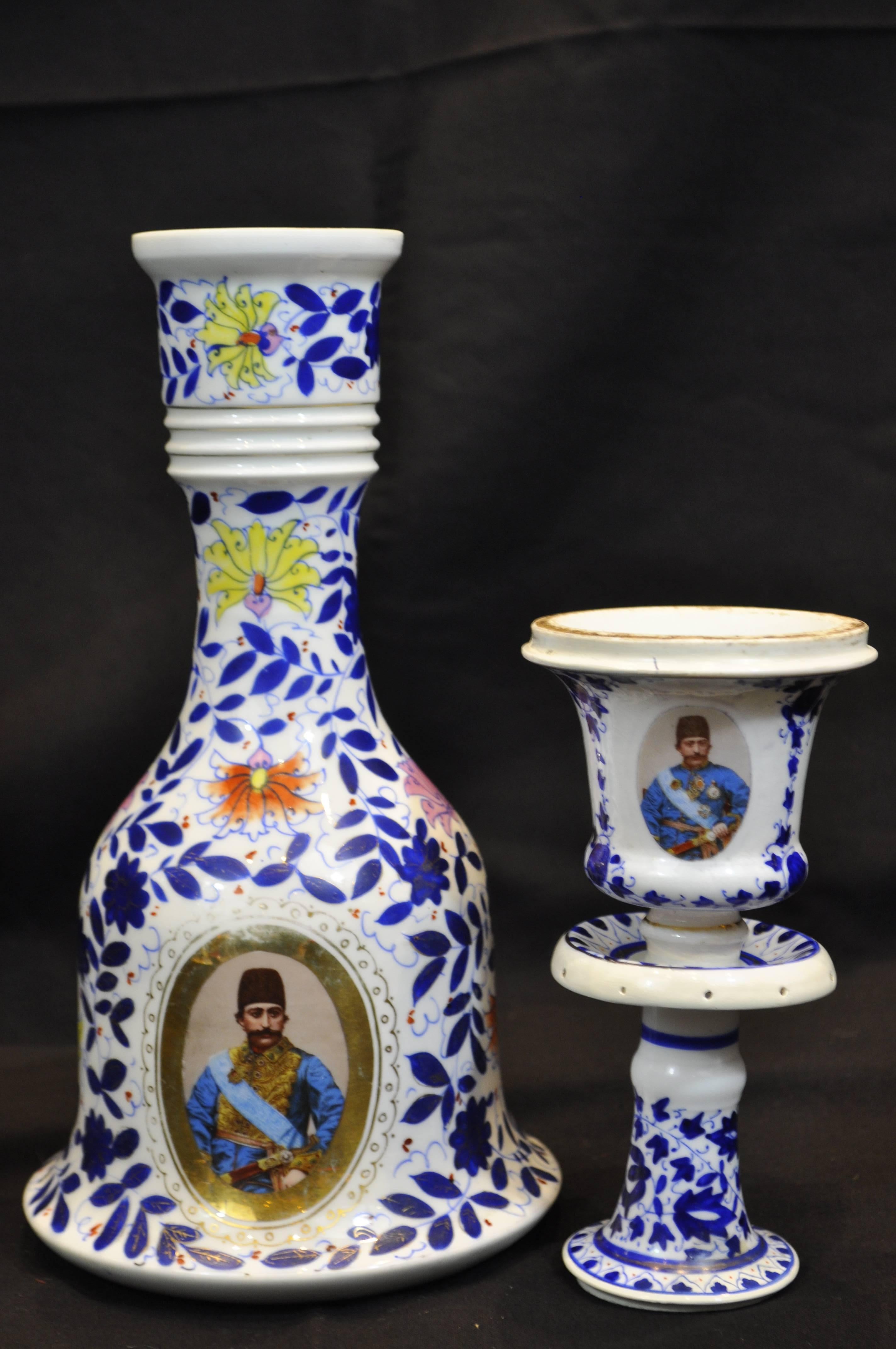 Czech Group of Five Bohemian Nargileh Bases with Cups Featuring Eastern Potentates For Sale