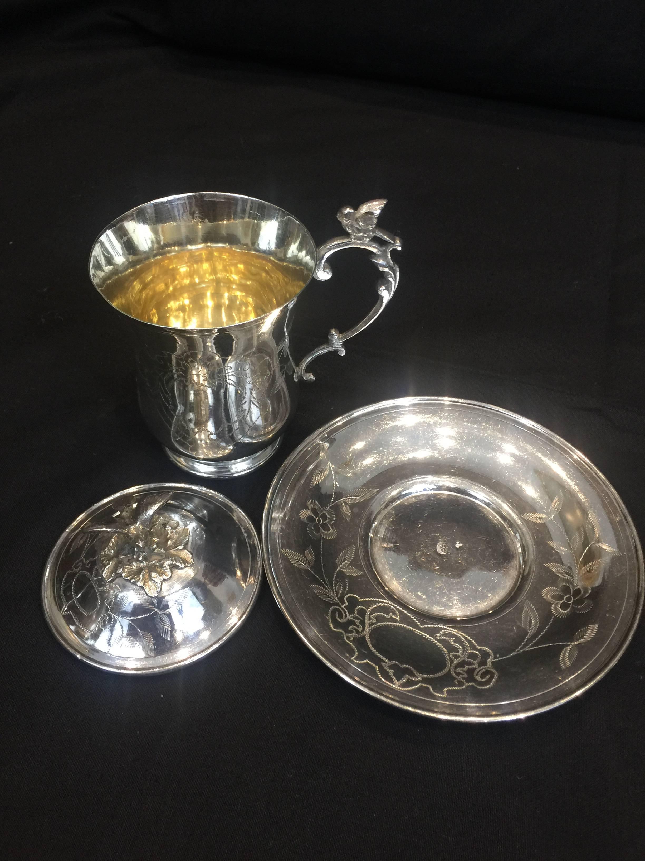Hand-Crafted Pair of 20th Century Ottoman Empire Style Engraved Silver Sahlep Cups
