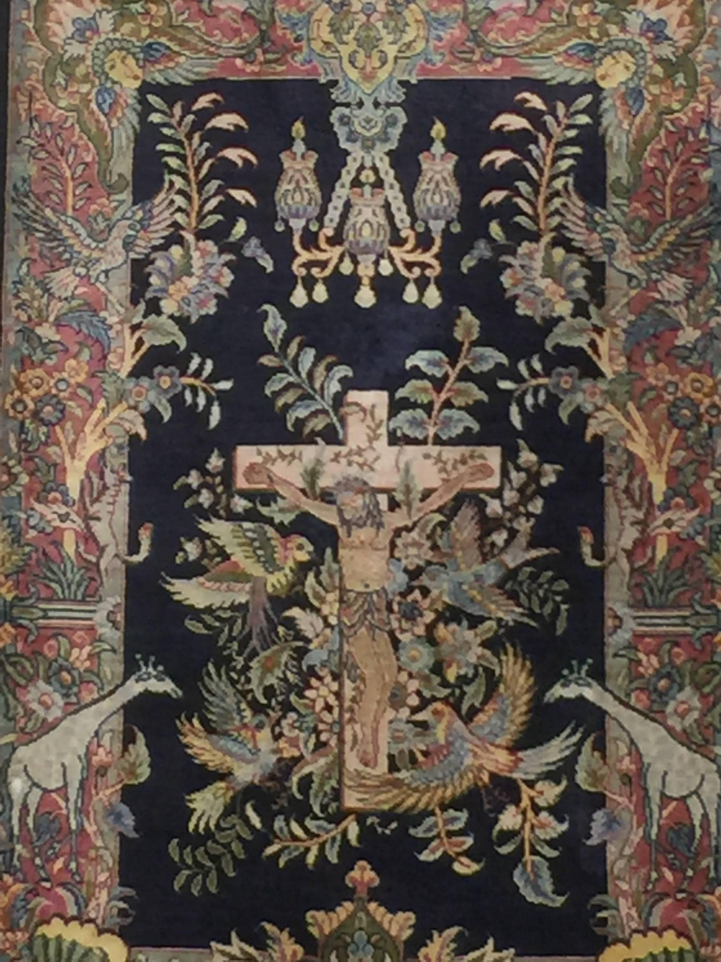 Mid-20th Century Turkish Hereke Silk Hand-Knotted Carpet Depicting Jesus Christ In Excellent Condition For Sale In London, GB